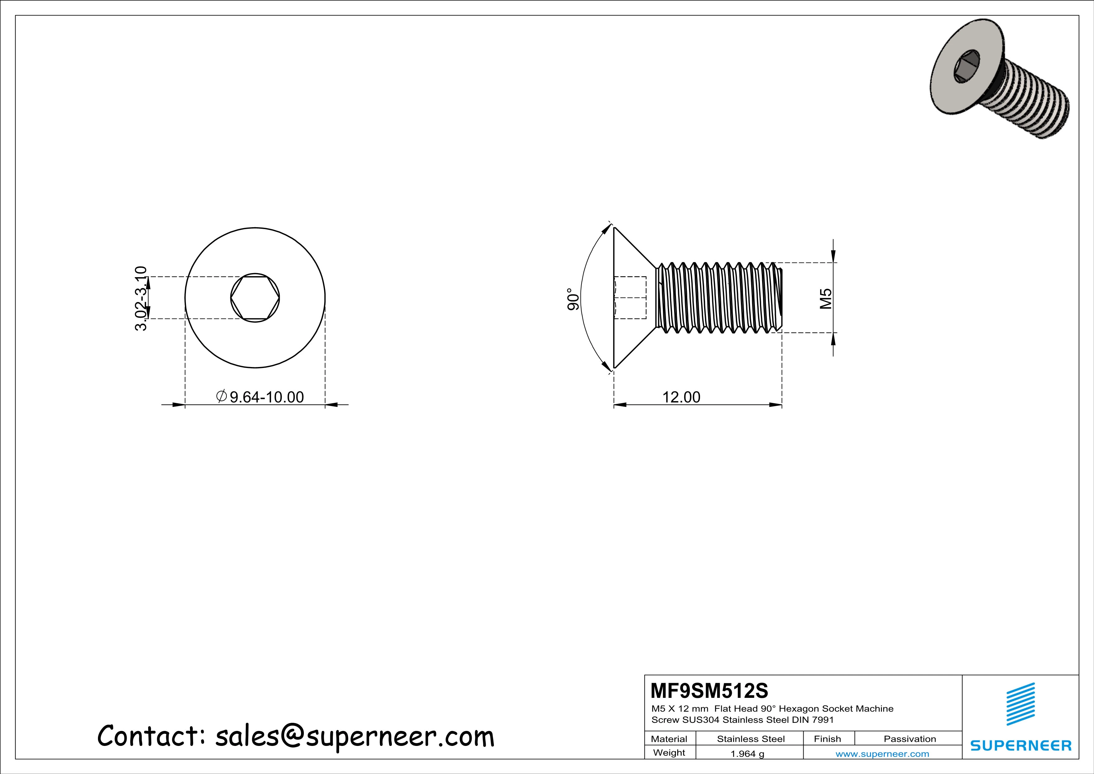 M5 x 12 mm Flat Head 90° Hexagon Socket Machine Screw SUS304 Stainless Steel Inox DIN 7991