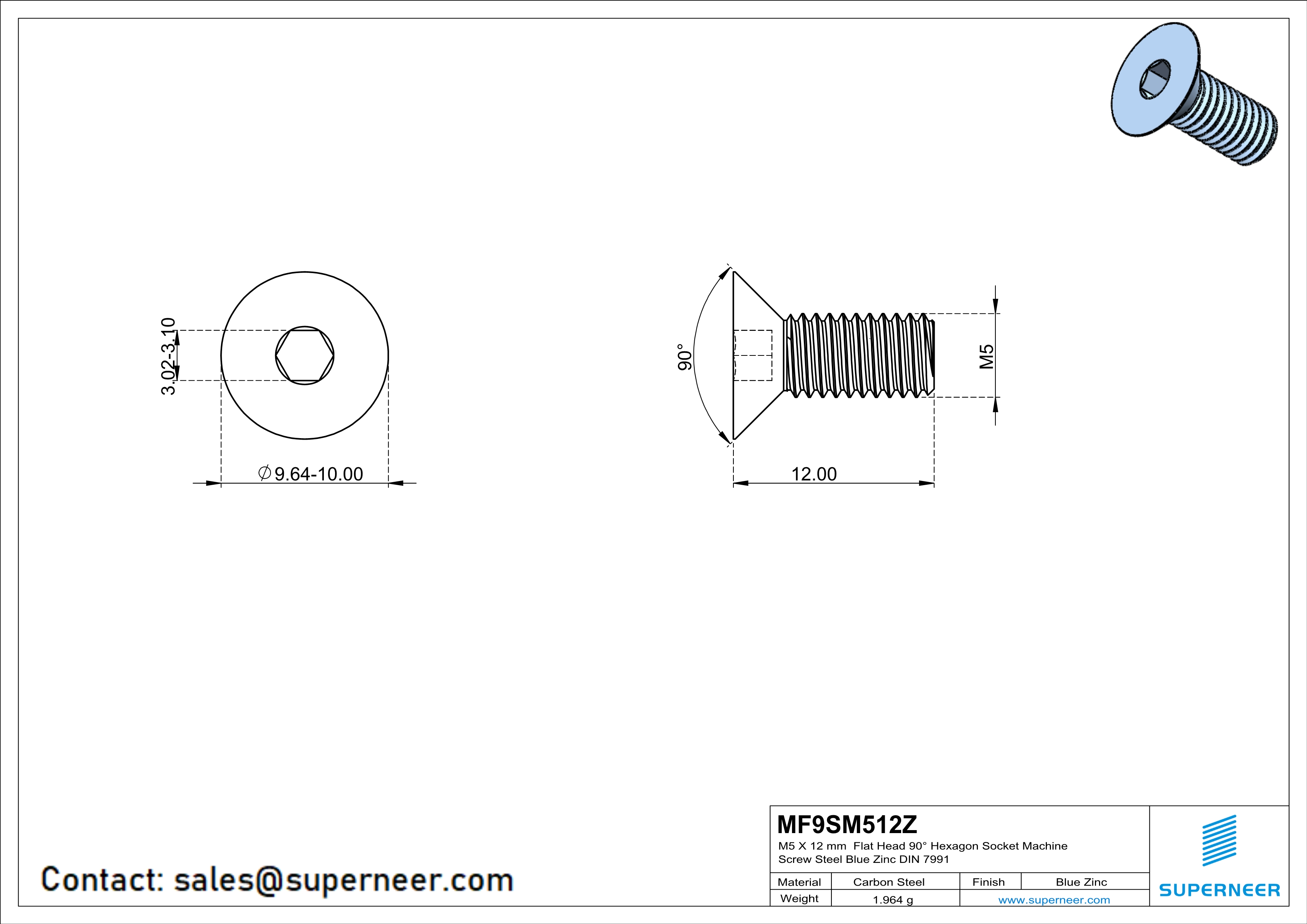 M5 x 12 mm Flat Head 90° Hexagon Socket Machine Screw Steel Blue Zinc Plated DIN 7991