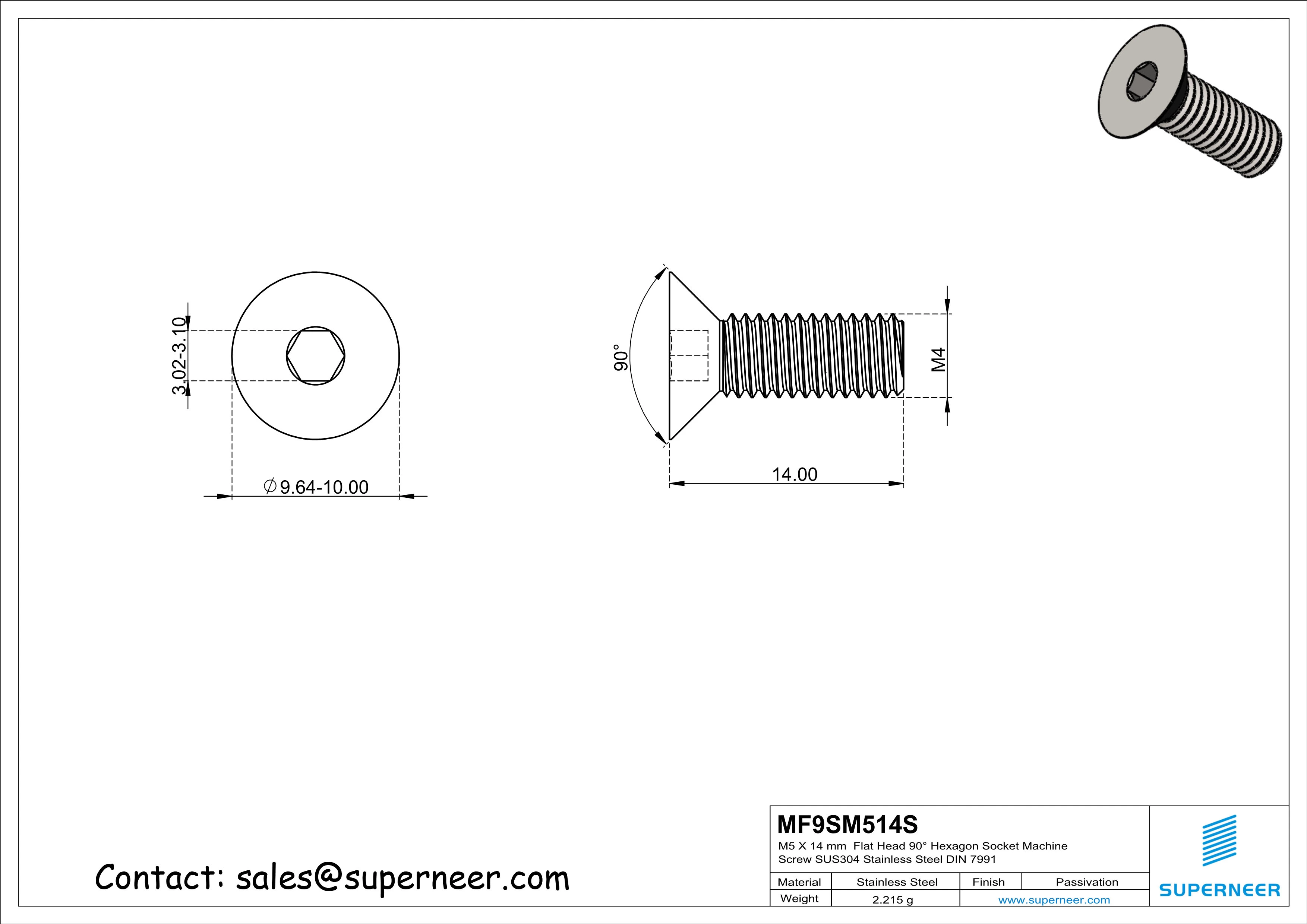 M5 x 14 mm Flat Head 90° Hexagon Socket Machine Screw SUS304 Stainless Steel Inox DIN 7991