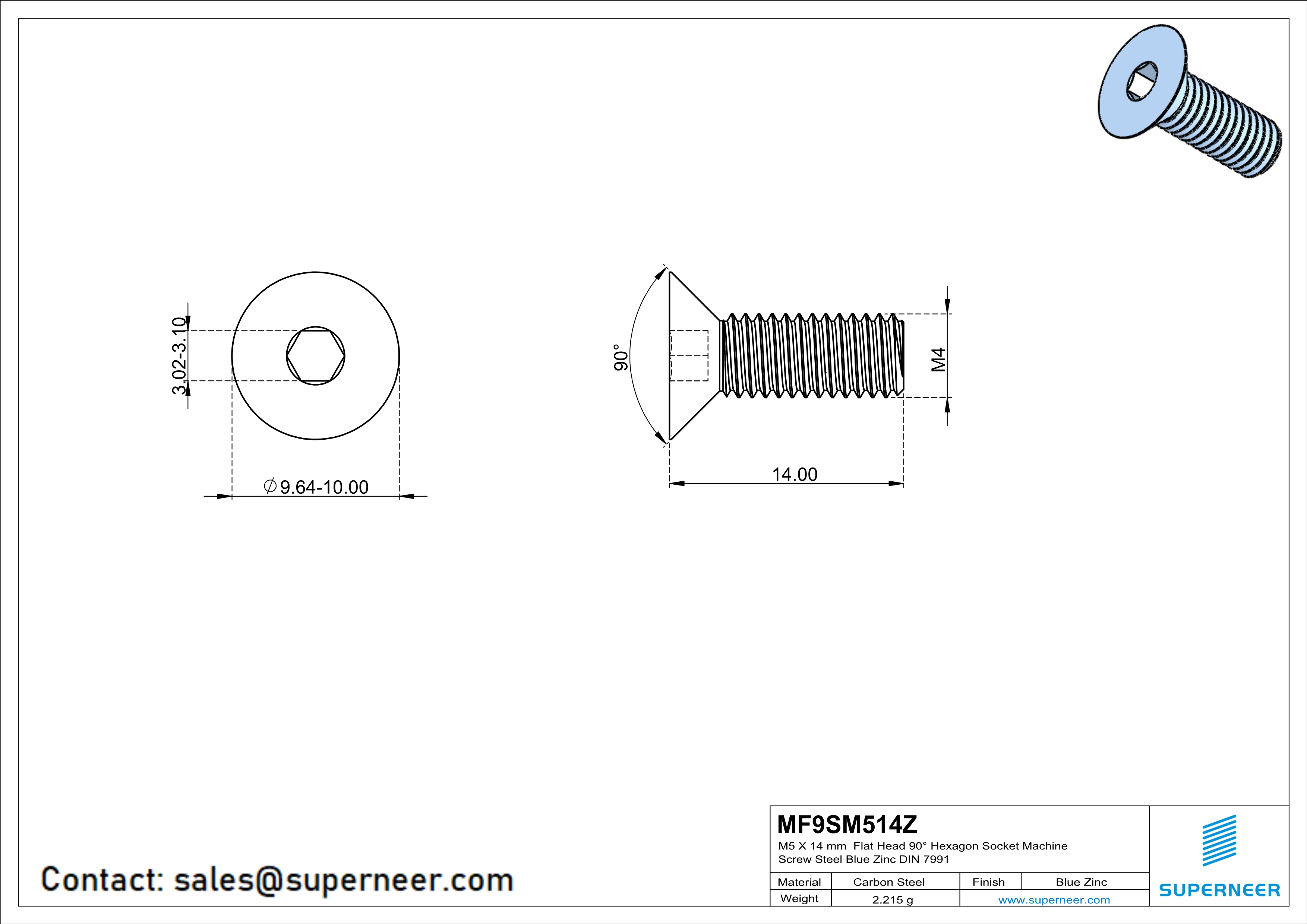 M5 x 14 mm Flat Head 90° Hexagon Socket Machine Screw Steel Blue Zinc Plated DIN 7991