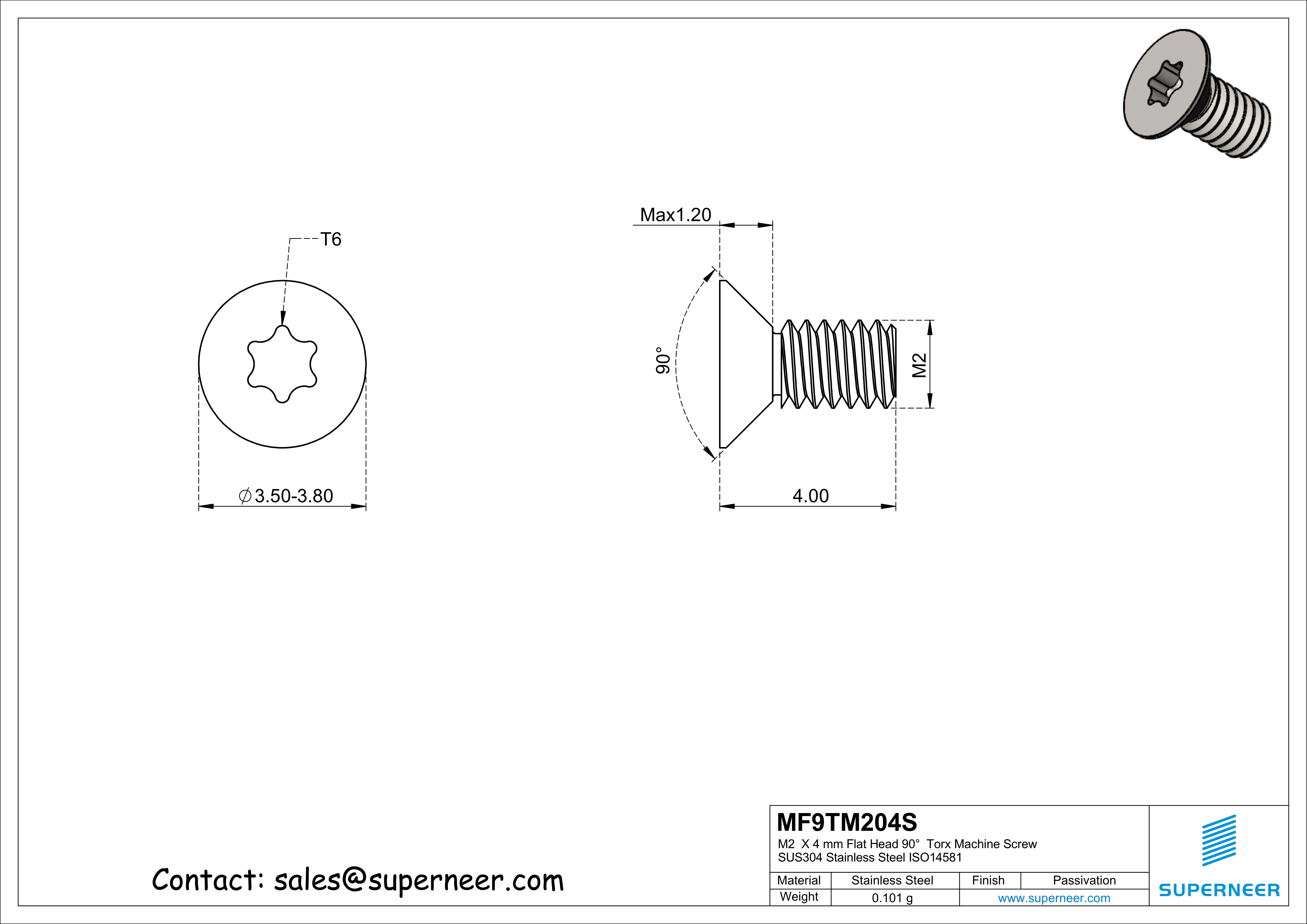 M2  x 4 mm Flat Head 90°  Torx Machine Screw SUS304 Stainless Steel Inox ISO14581