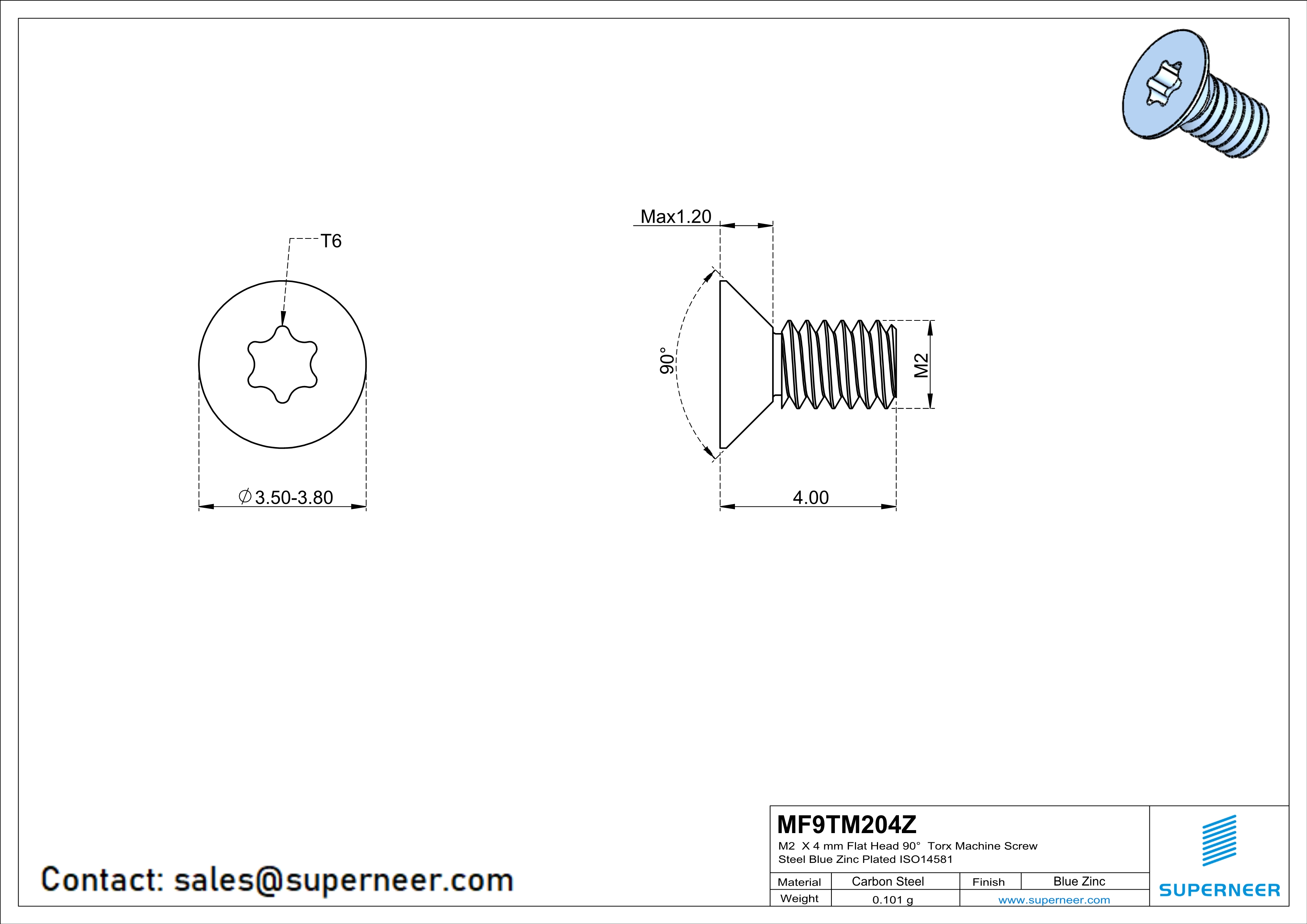 M2 x 4 mm Flat Head 90° Torx Machine Screw Steel Blue Zinc Plated ISO14581