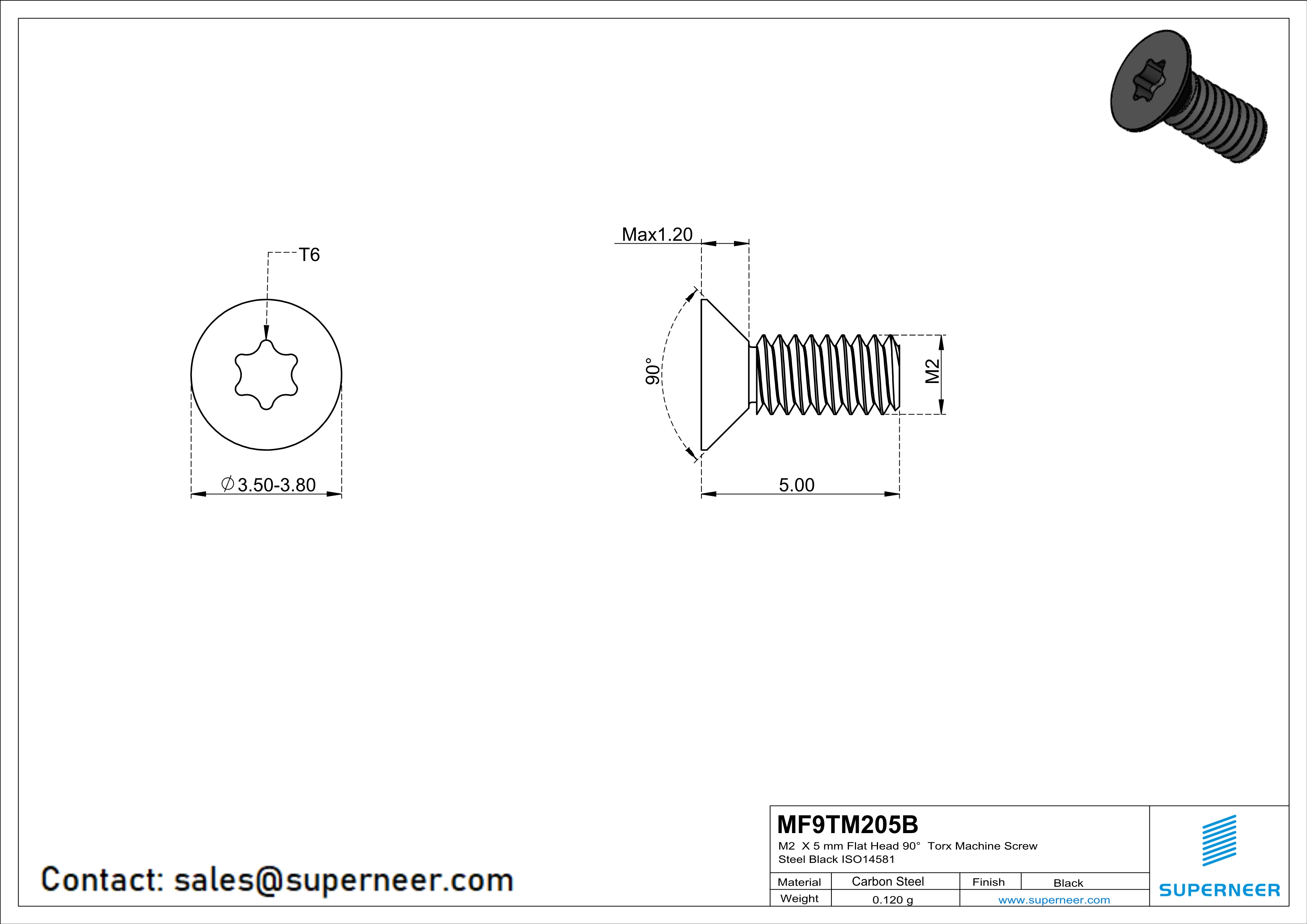 M2 x 5 mm Flat Head 90° Torx Machine Screw Steel Black ISO14581