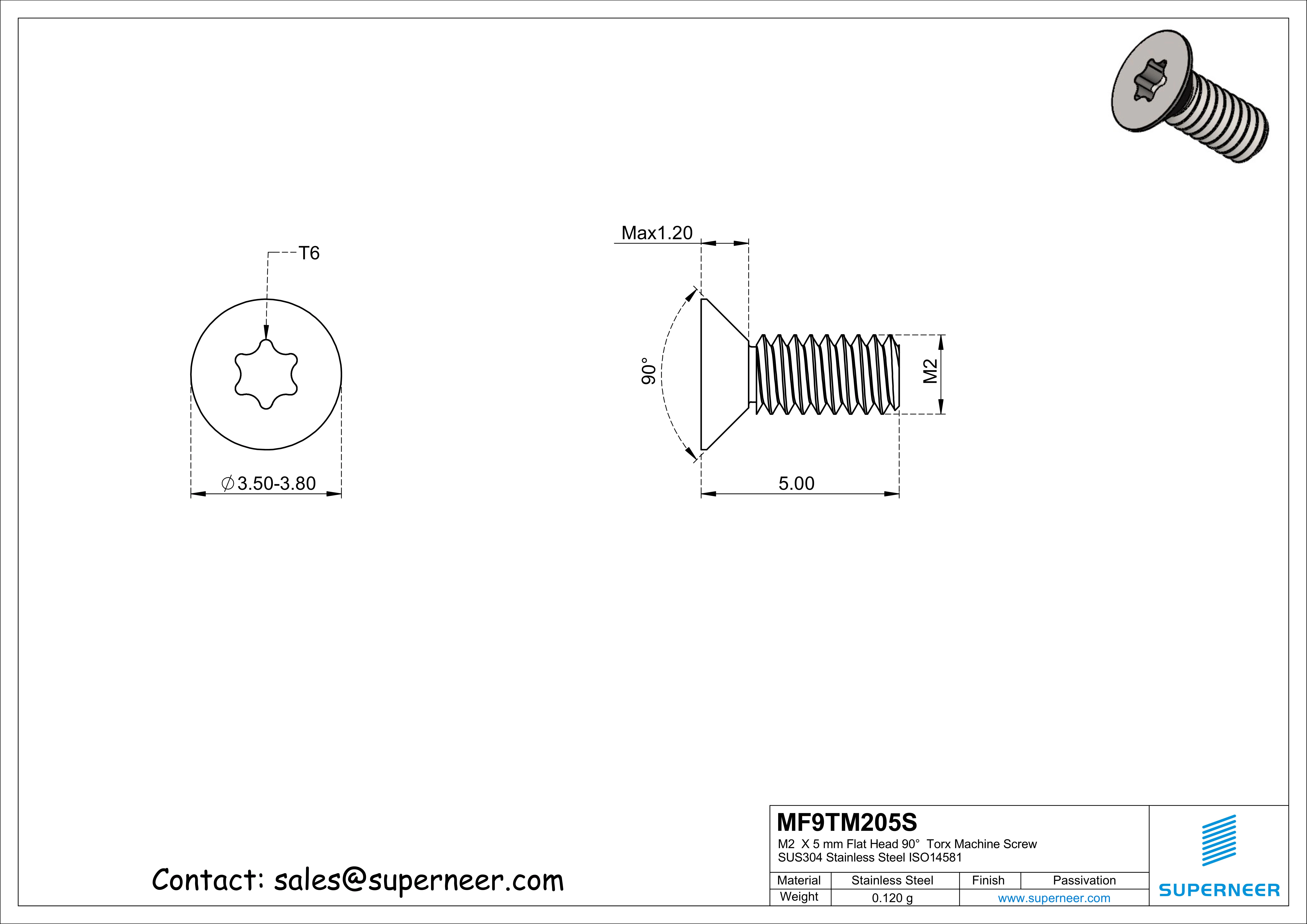 M2  x 5 mm Flat Head 90°  Torx Machine Screw SUS304 Stainless Steel Inox ISO14581