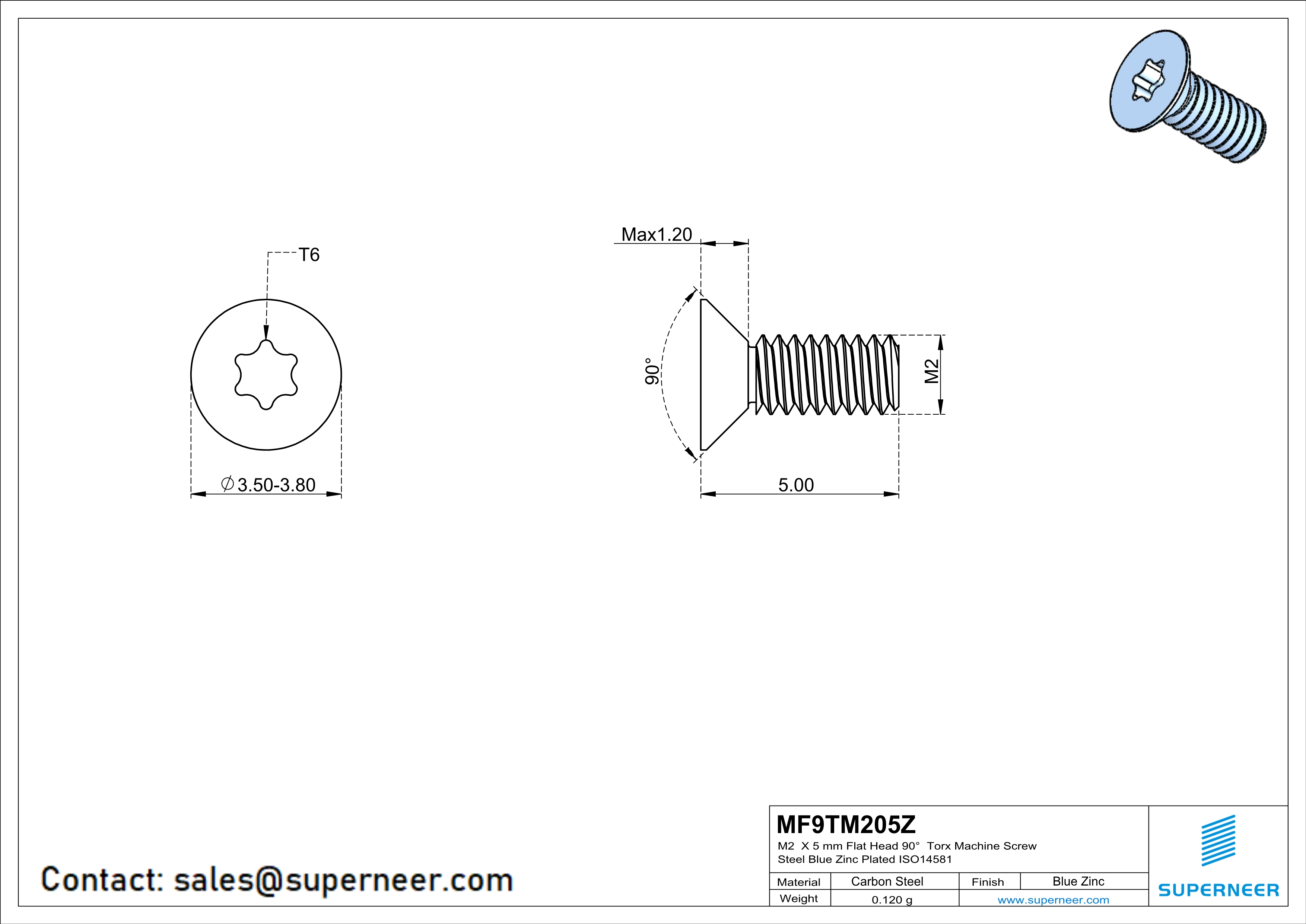 M2 x 5 mm Flat Head 90° Torx Machine Screw Steel Blue Zinc Plated ISO14581