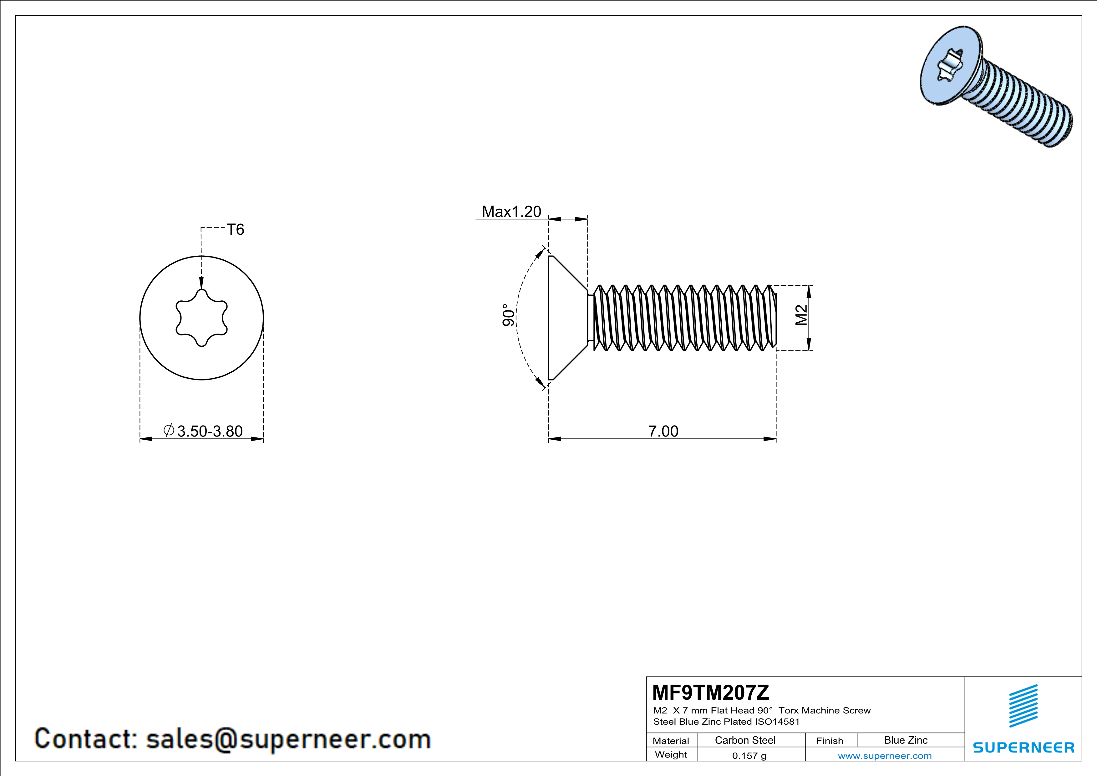 M2 x 7 mm Flat Head 90° Torx Machine Screw Steel Blue Zinc Plated ISO14581