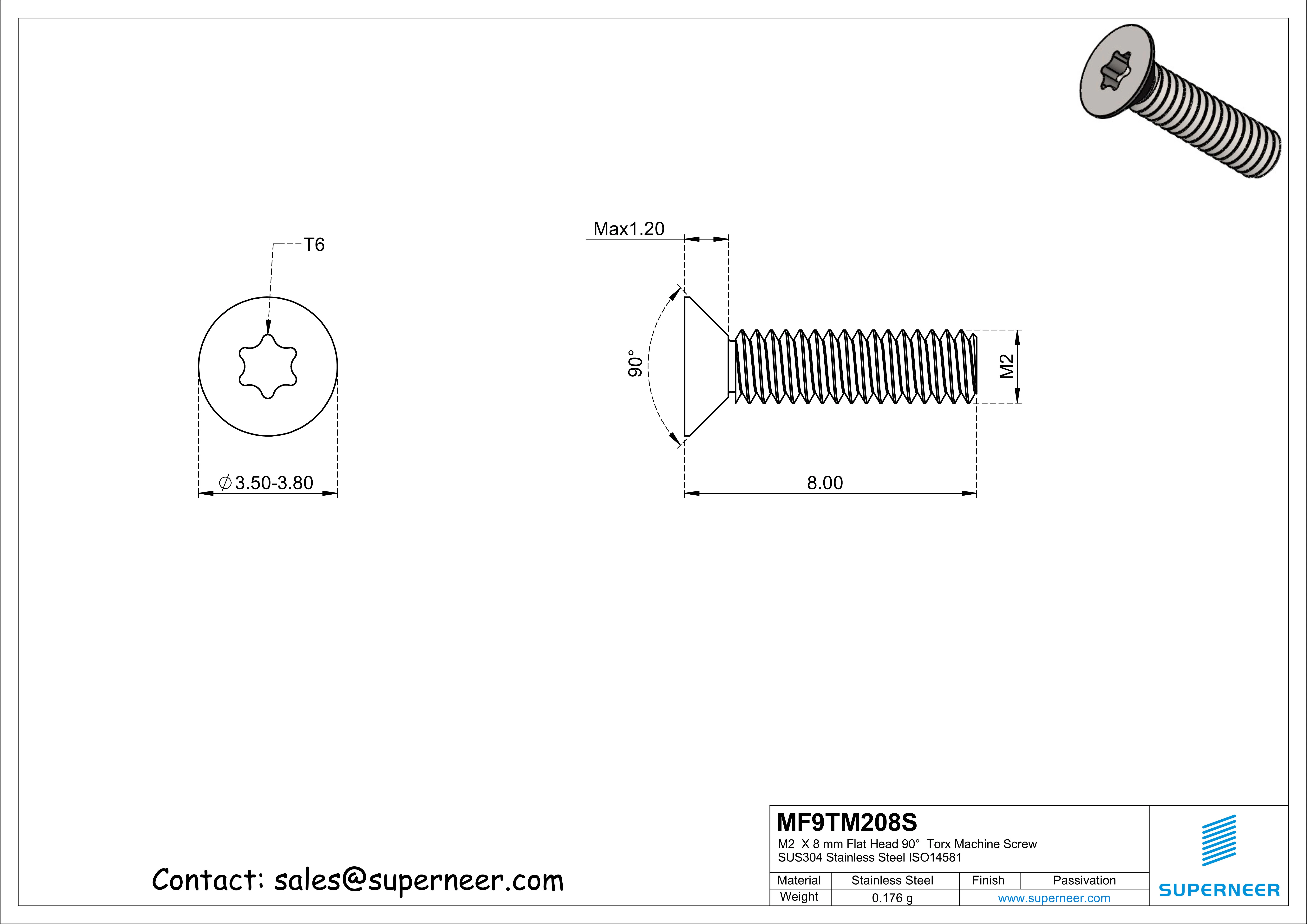 M2  x 8 mm Flat Head 90°  Torx Machine Screw SUS304 Stainless Steel Inox ISO14581