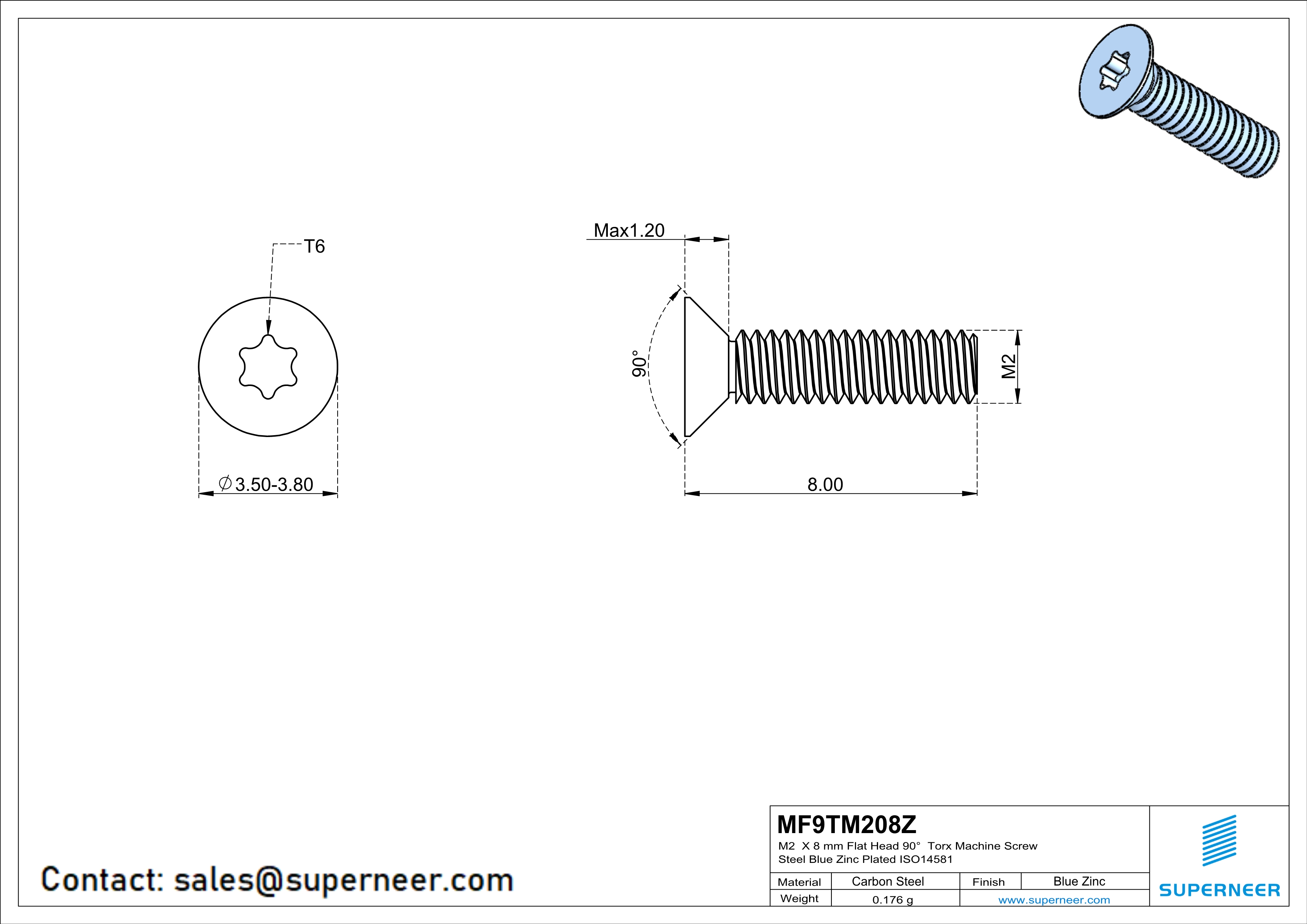 M2 x 8 mm Flat Head 90° Torx Machine Screw Steel Blue Zinc Plated ISO14581