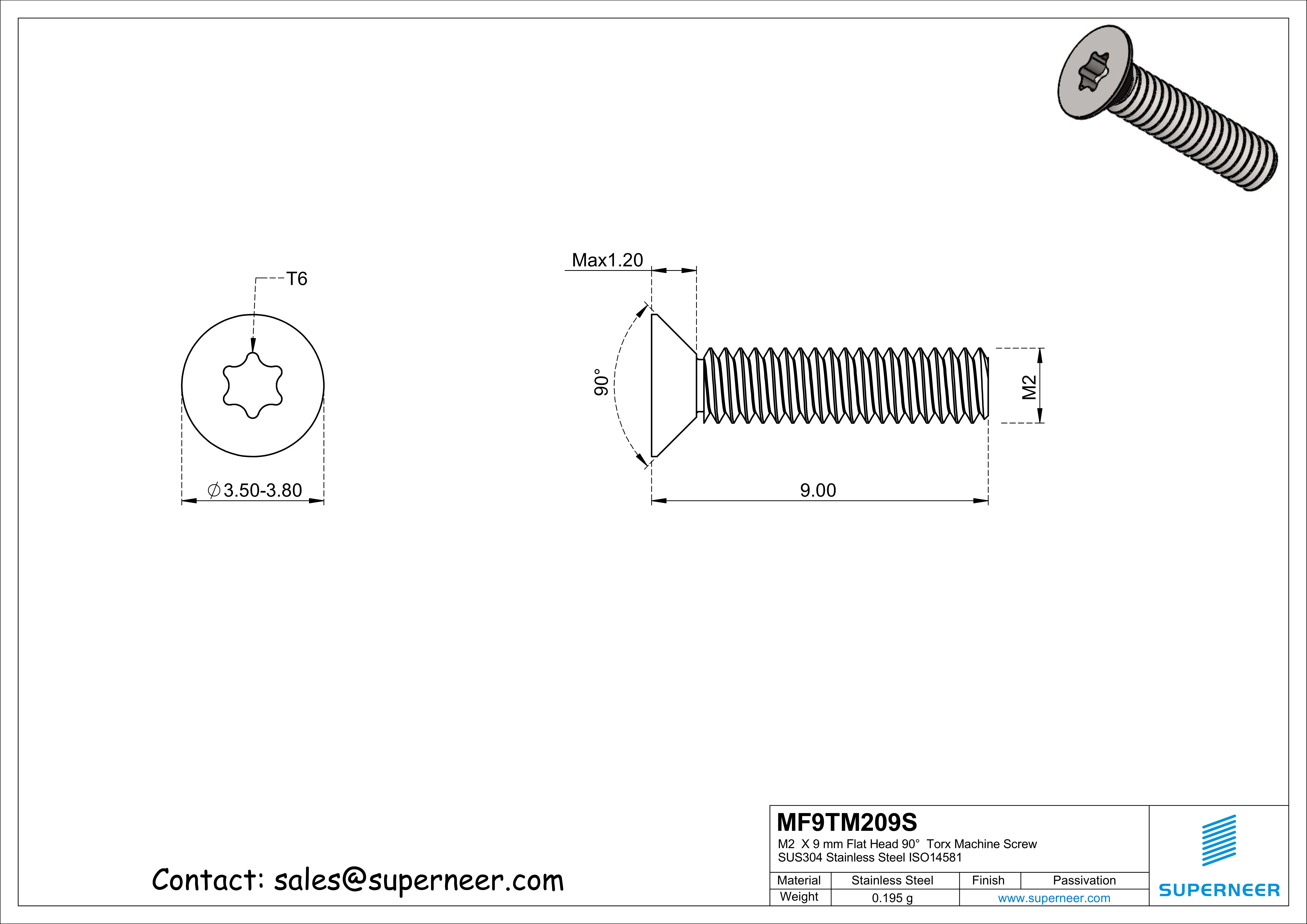 M2  x 9 mm Flat Head 90°  Torx Machine Screw SUS304 Stainless Steel Inox ISO14581