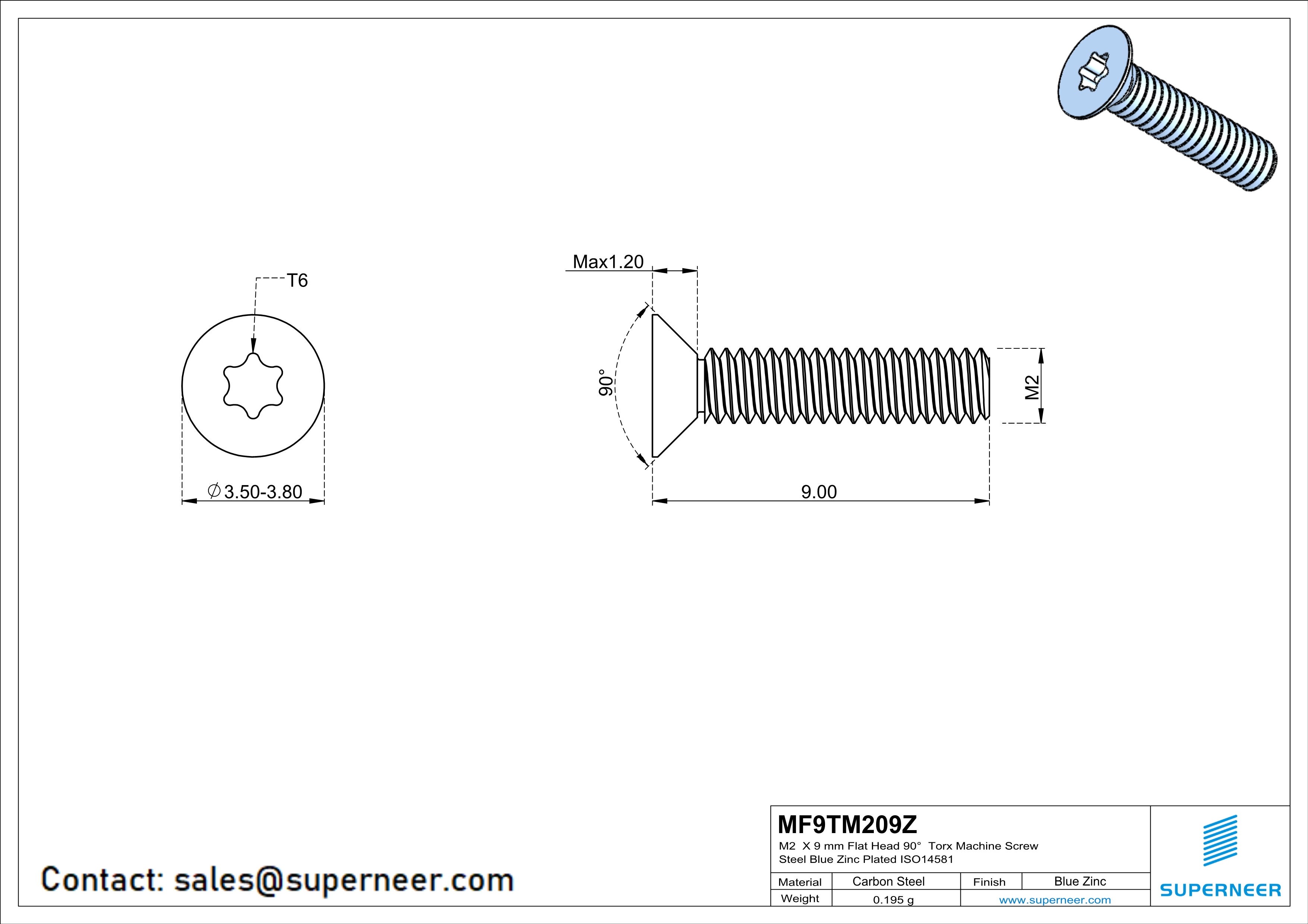 M2 x 9 mm Flat Head 90° Torx Machine Screw Steel Blue Zinc Plated ISO14581