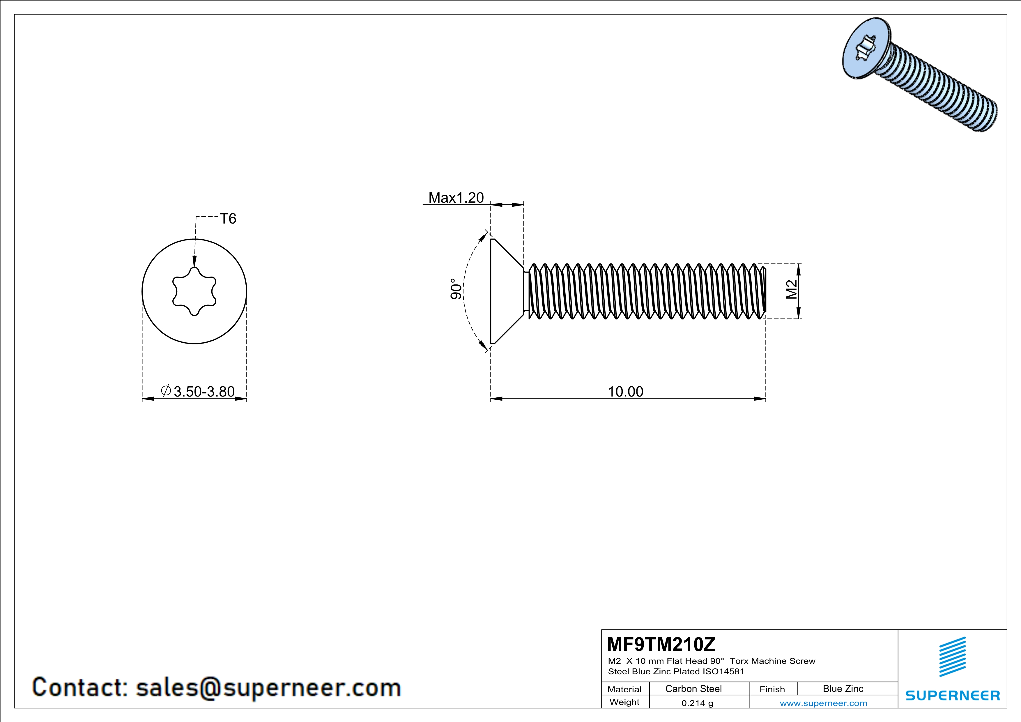 M2 x 10 mm Flat Head 90° Torx Machine Screw Steel Blue Zinc Plated ISO14581