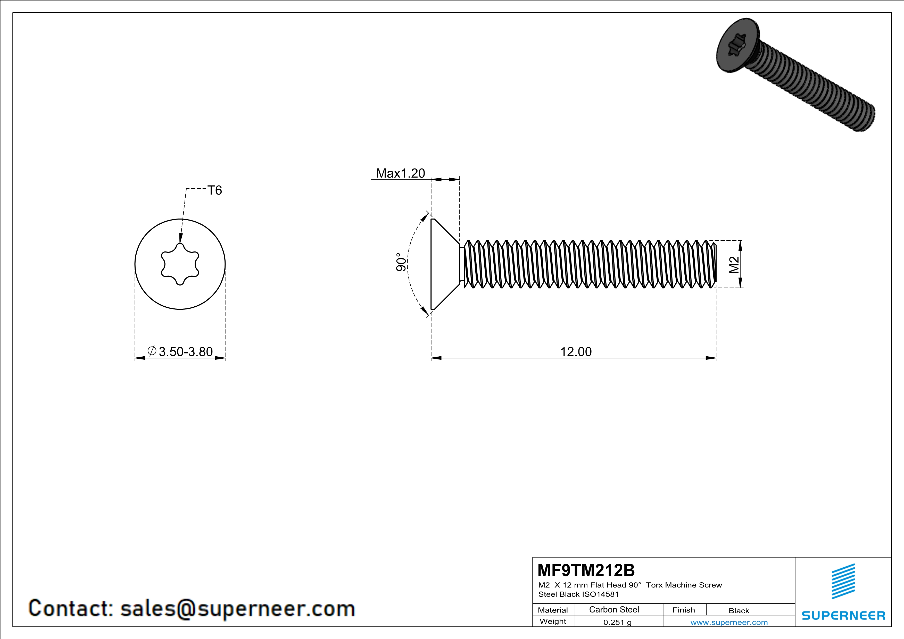 M2 x 12 mm Flat Head 90° Torx Machine Screw Steel Black ISO14581