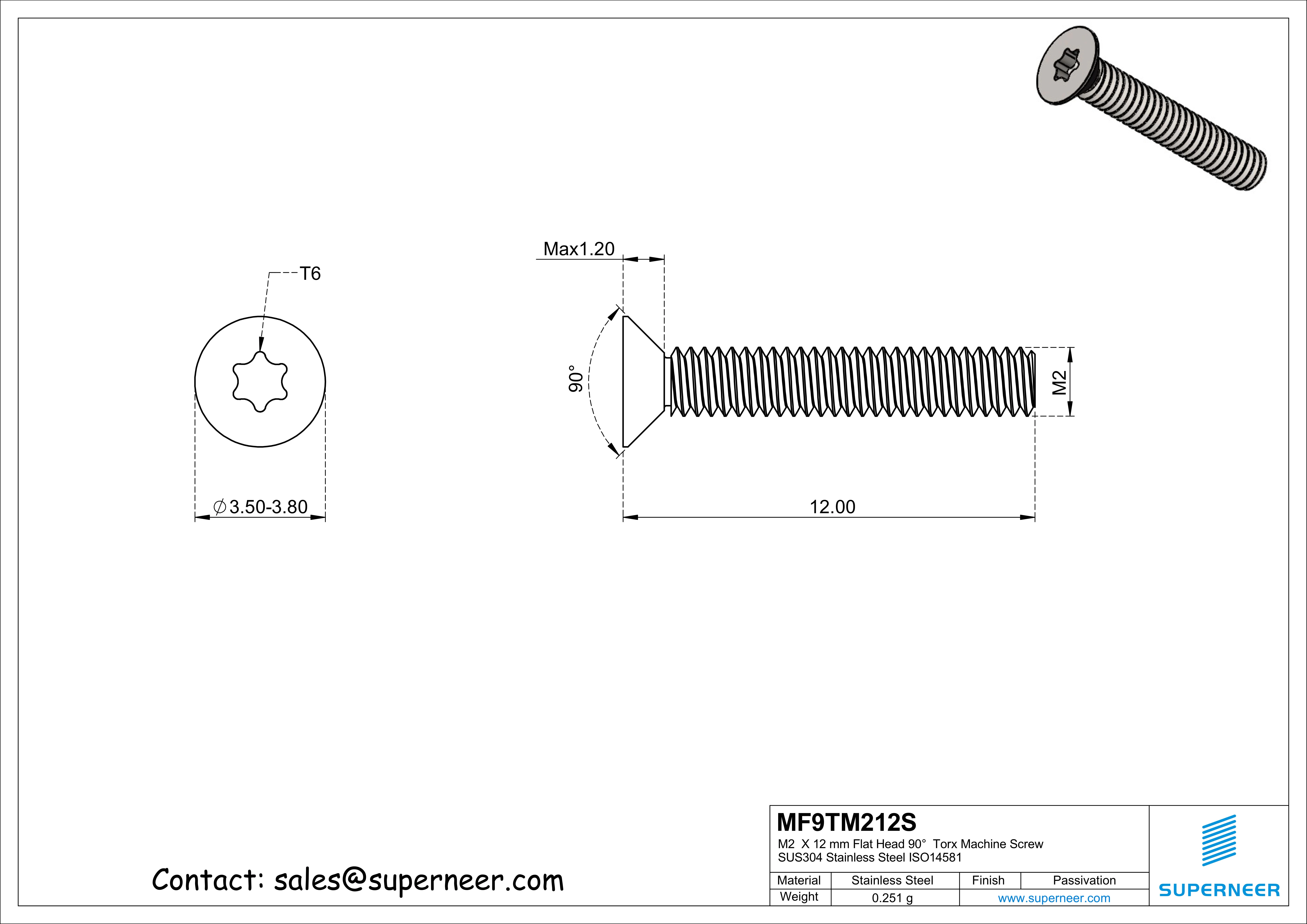 M2  x 12 mm Flat Head 90°  Torx Machine Screw SUS304 Stainless Steel Inox ISO14581