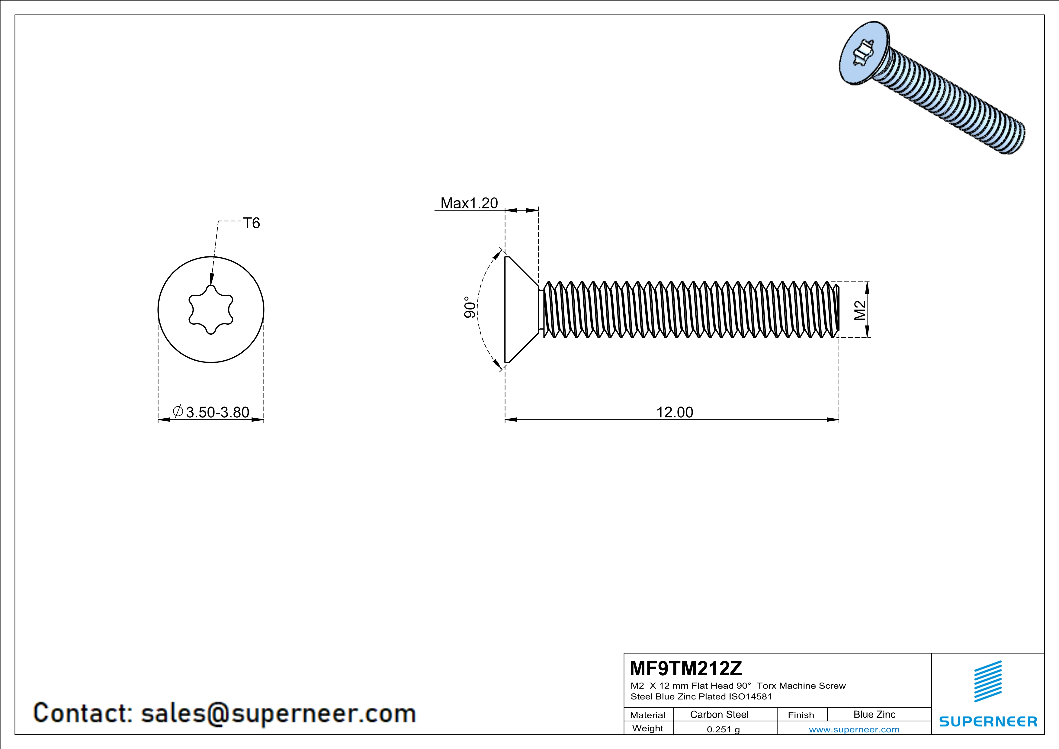 M2 x 12 mm Flat Head 90° Torx Machine Screw Steel Blue Zinc Plated ISO14581