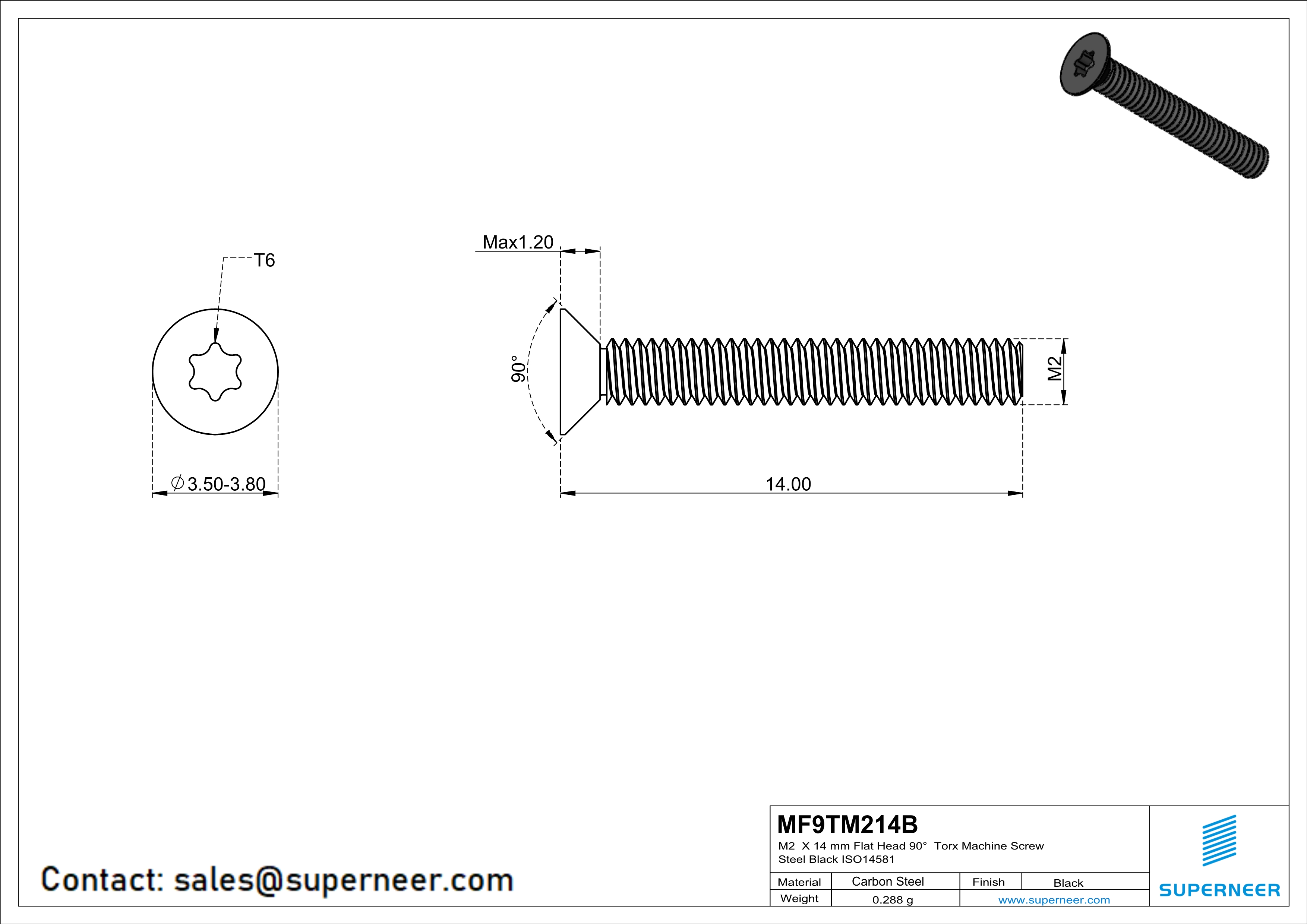 M2 x 14 mm Flat Head 90° Torx Machine Screw Steel Black ISO14581