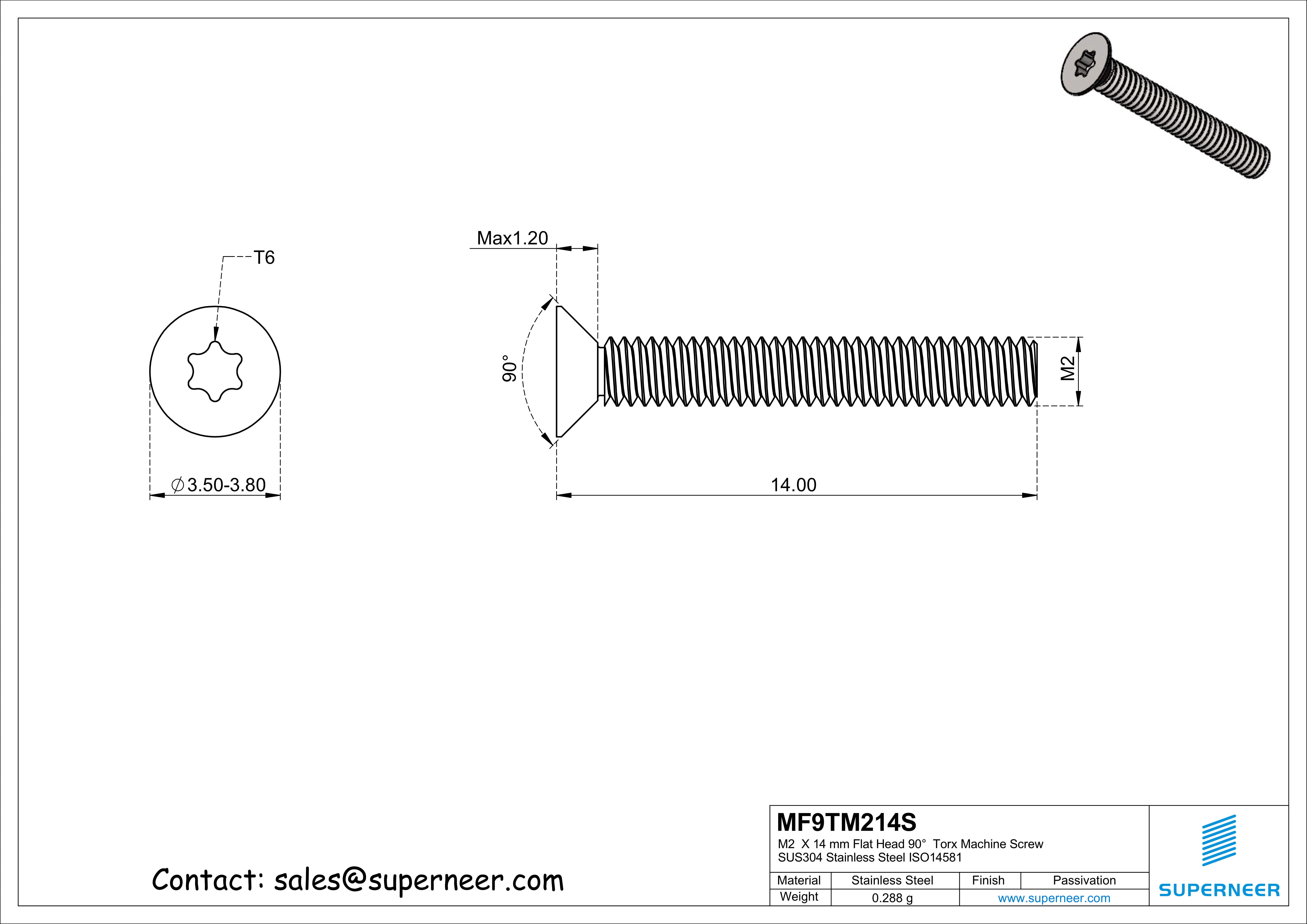 M2  x 14 mm Flat Head 90°  Torx Machine Screw SUS304 Stainless Steel Inox ISO14581