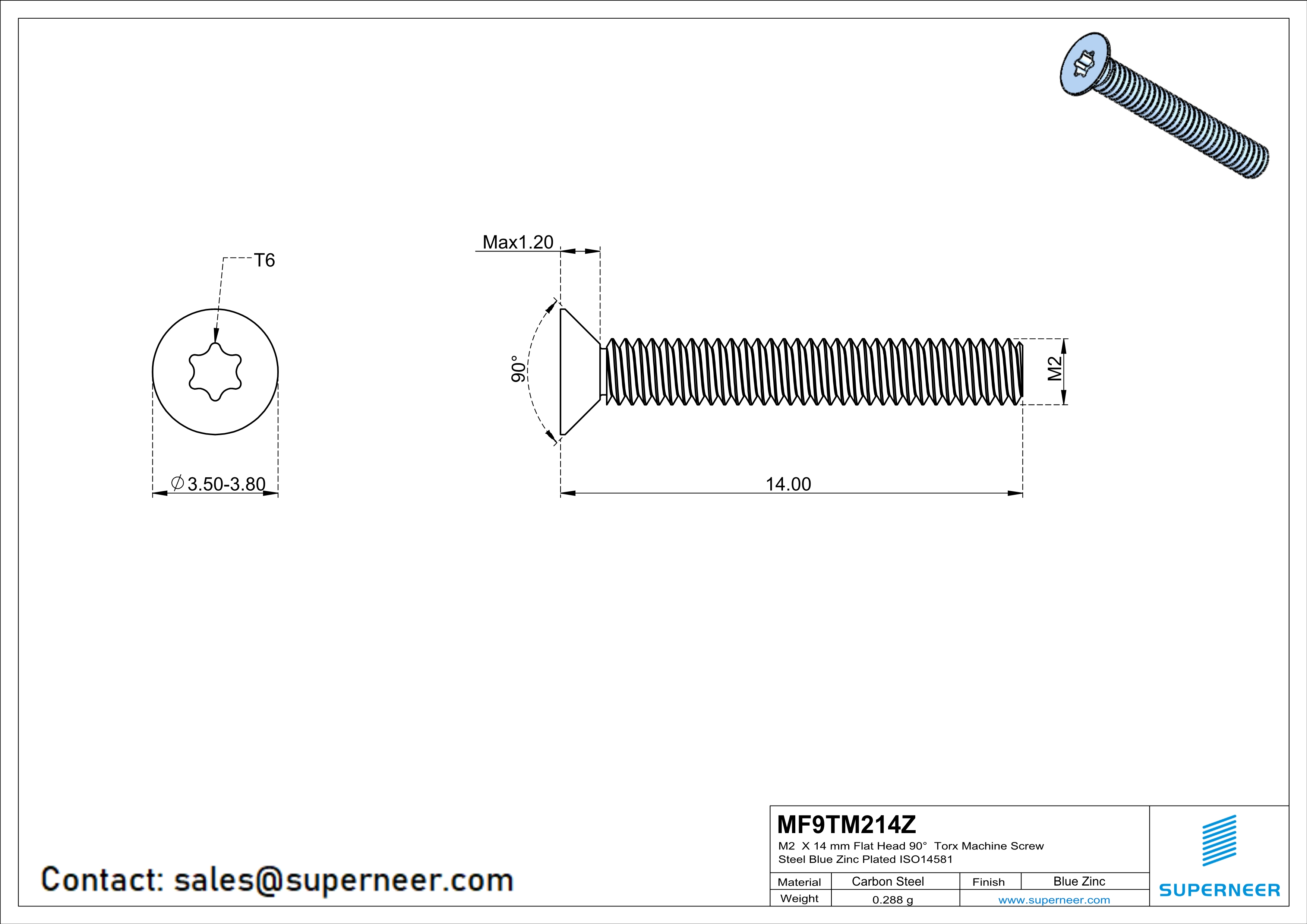 M2 x 14 mm Flat Head 90° Torx Machine Screw Steel Blue Zinc Plated ISO14581