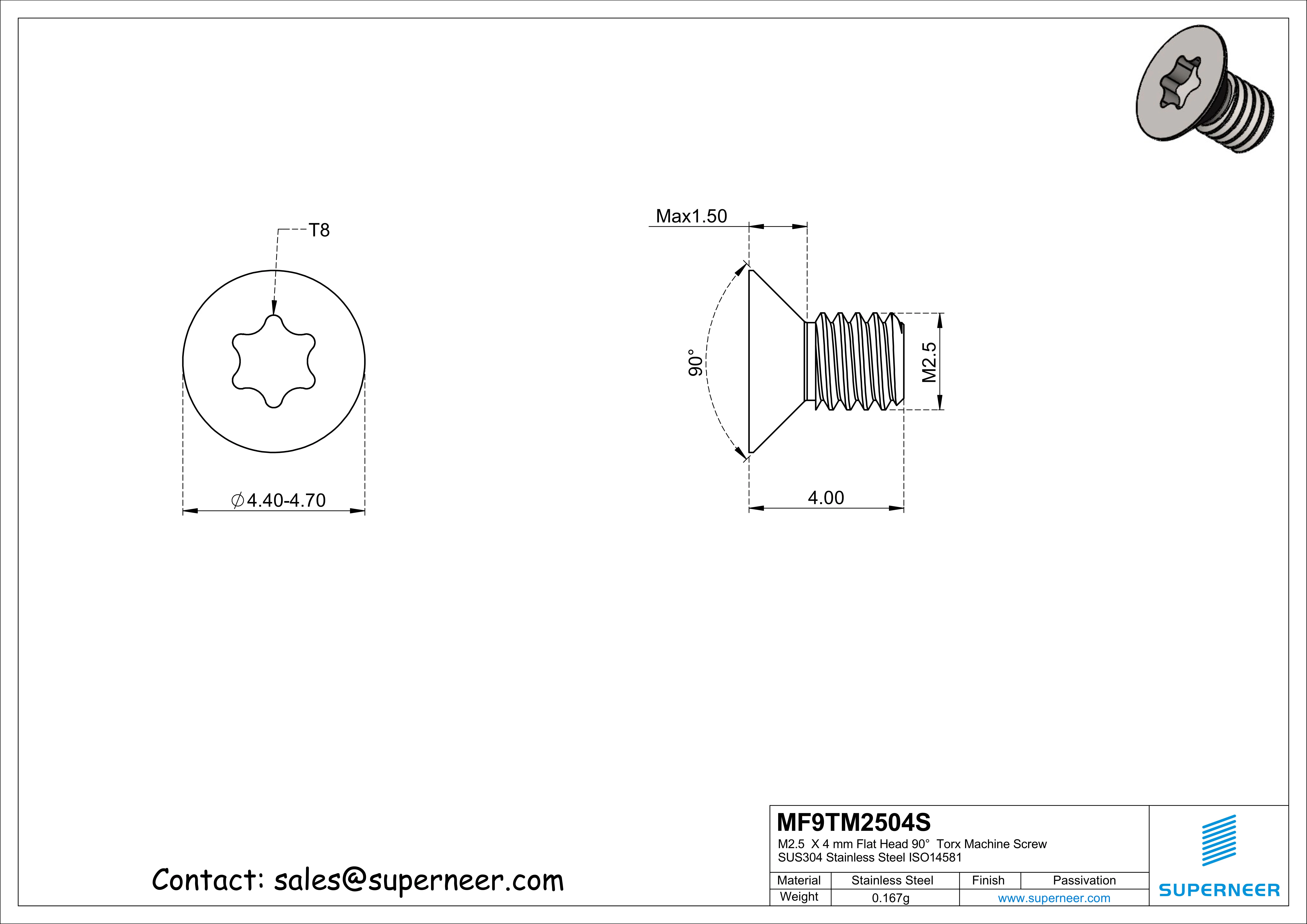 M2.5  x 4 mm Flat Head 90°  Torx Machine Screw SUS304 Stainless Steel Inox ISO14581