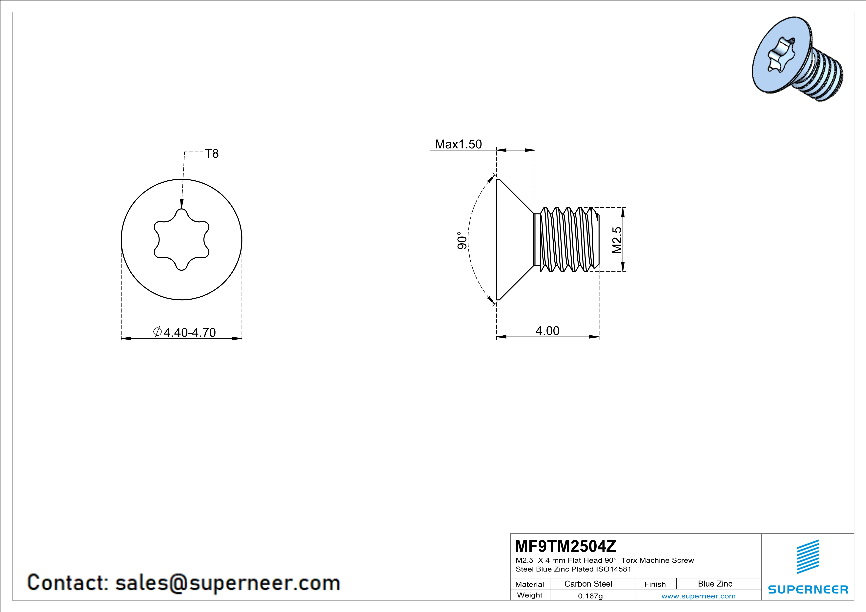 M2.5 x 4 mm Flat Head 90° Torx Machine Screw Steel Blue Zinc Plated ISO14581