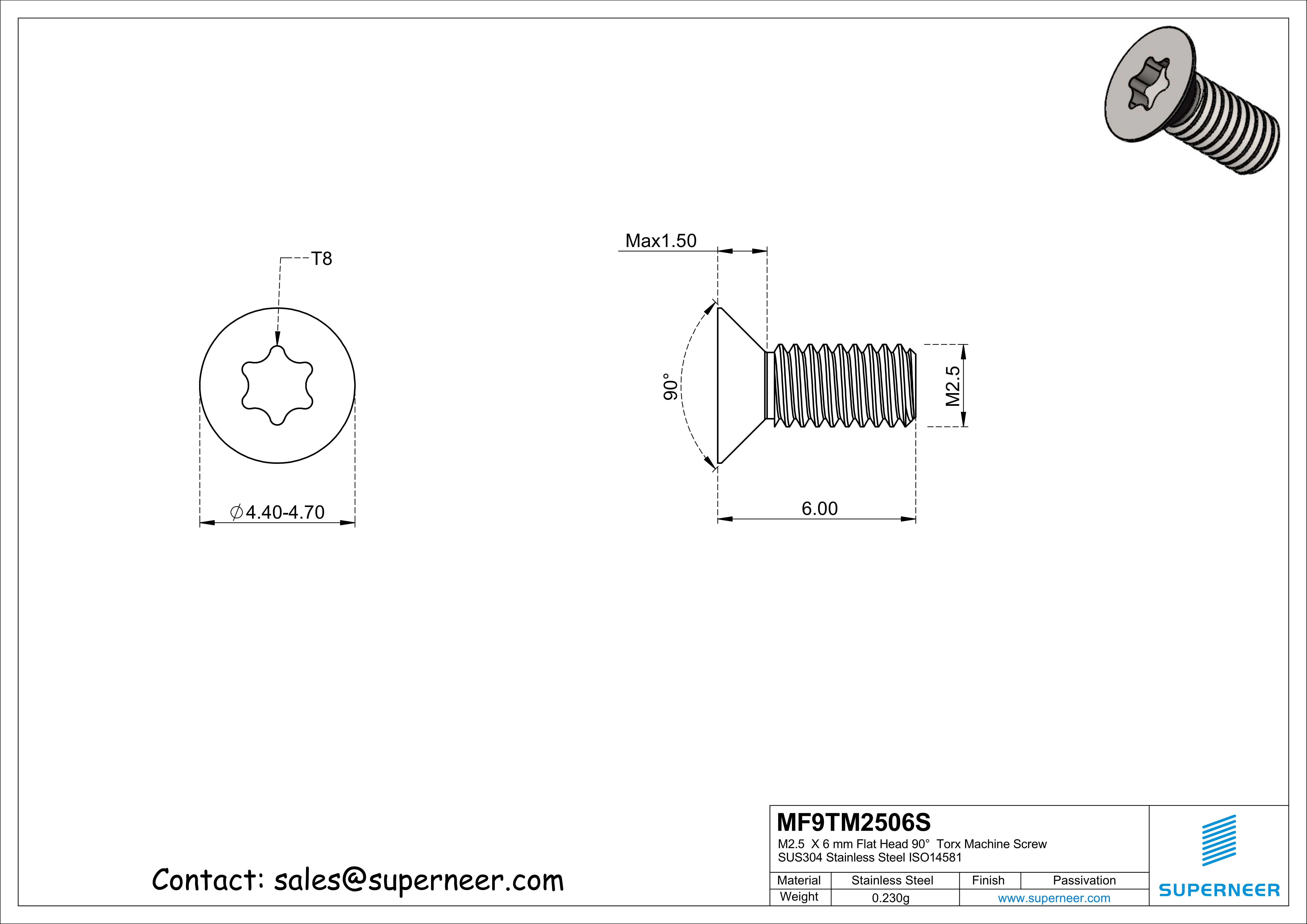 M2.5  x 6 mm Flat Head 90°  Torx Machine Screw SUS304 Stainless Steel Inox ISO14581