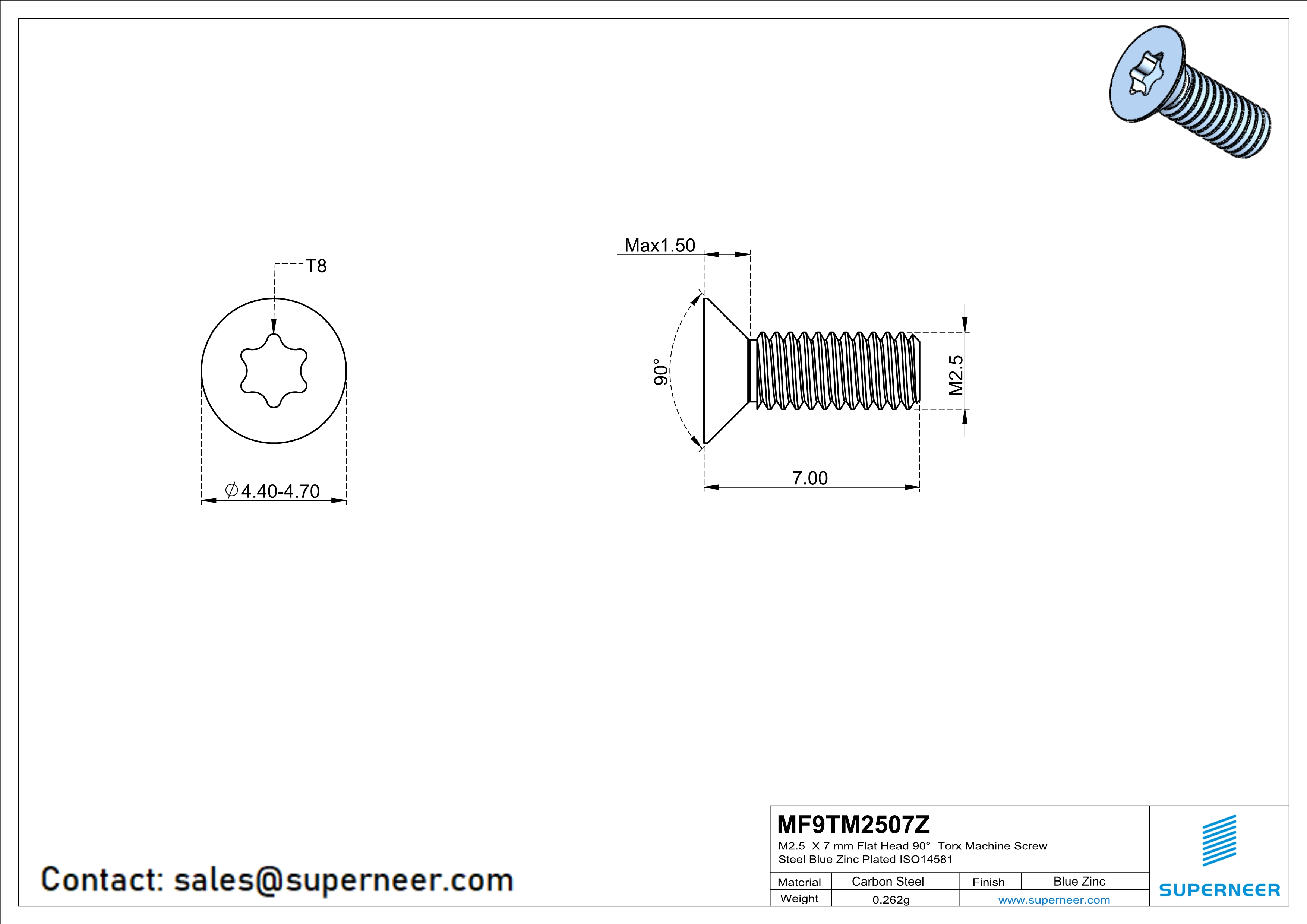 M2.5 x 7 mm Flat Head 90° Torx Machine Screw Steel Blue Zinc Plated ISO14581