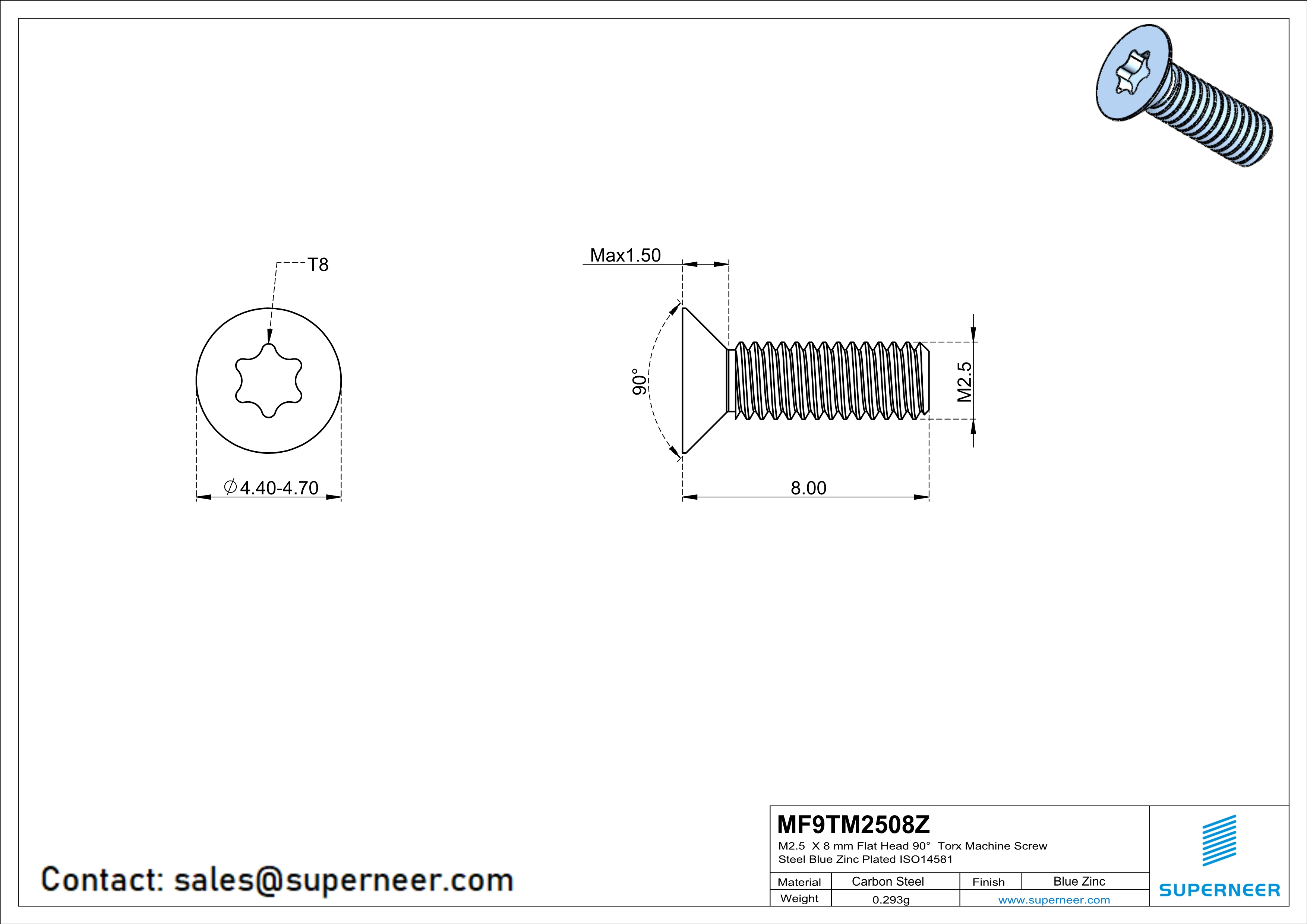 M2.5 x 8 mm Flat Head 90° Torx Machine Screw Steel Blue Zinc Plated ISO14581