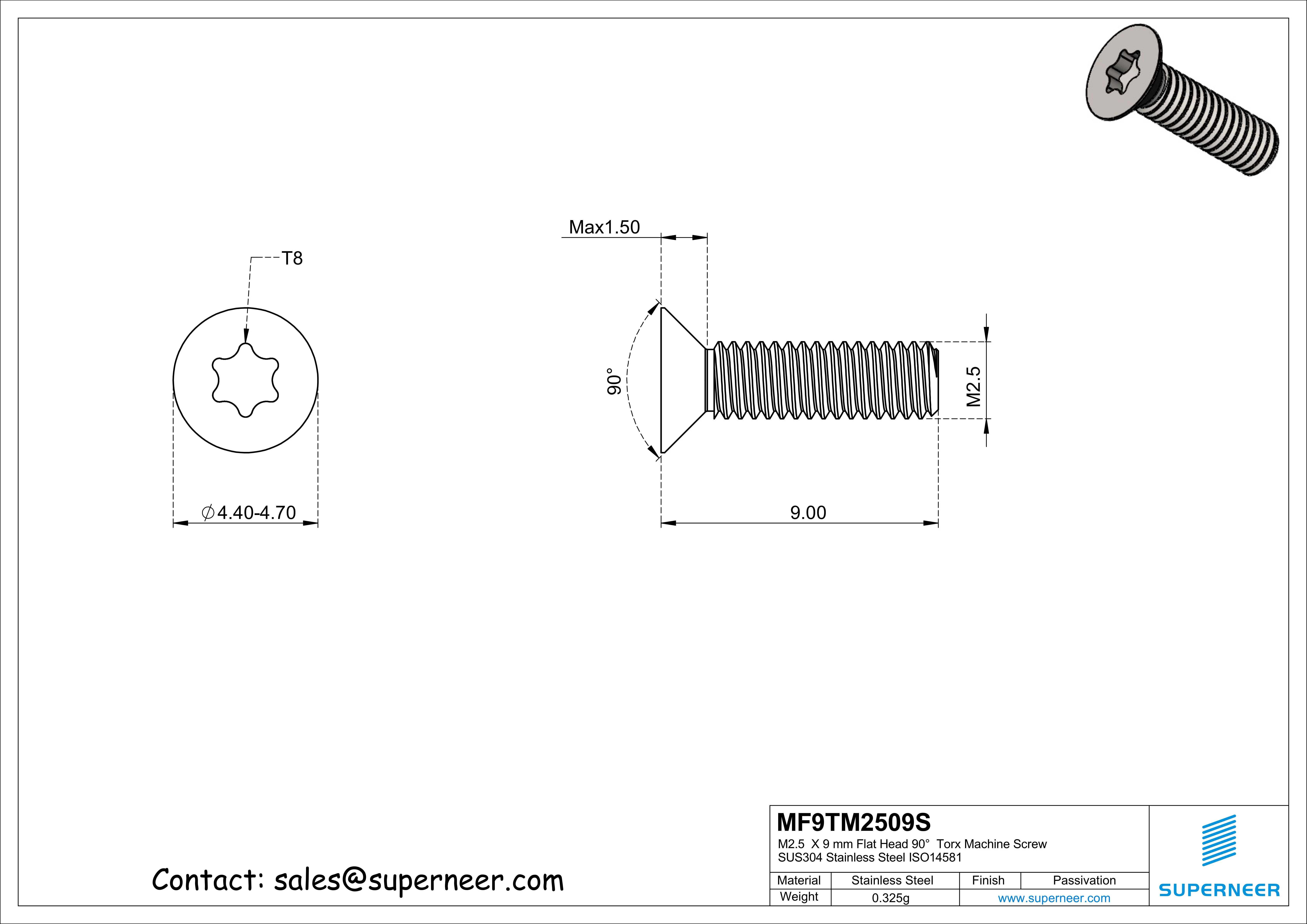 M2.5  x 9 mm Flat Head 90°  Torx Machine Screw SUS304 Stainless Steel Inox ISO14581