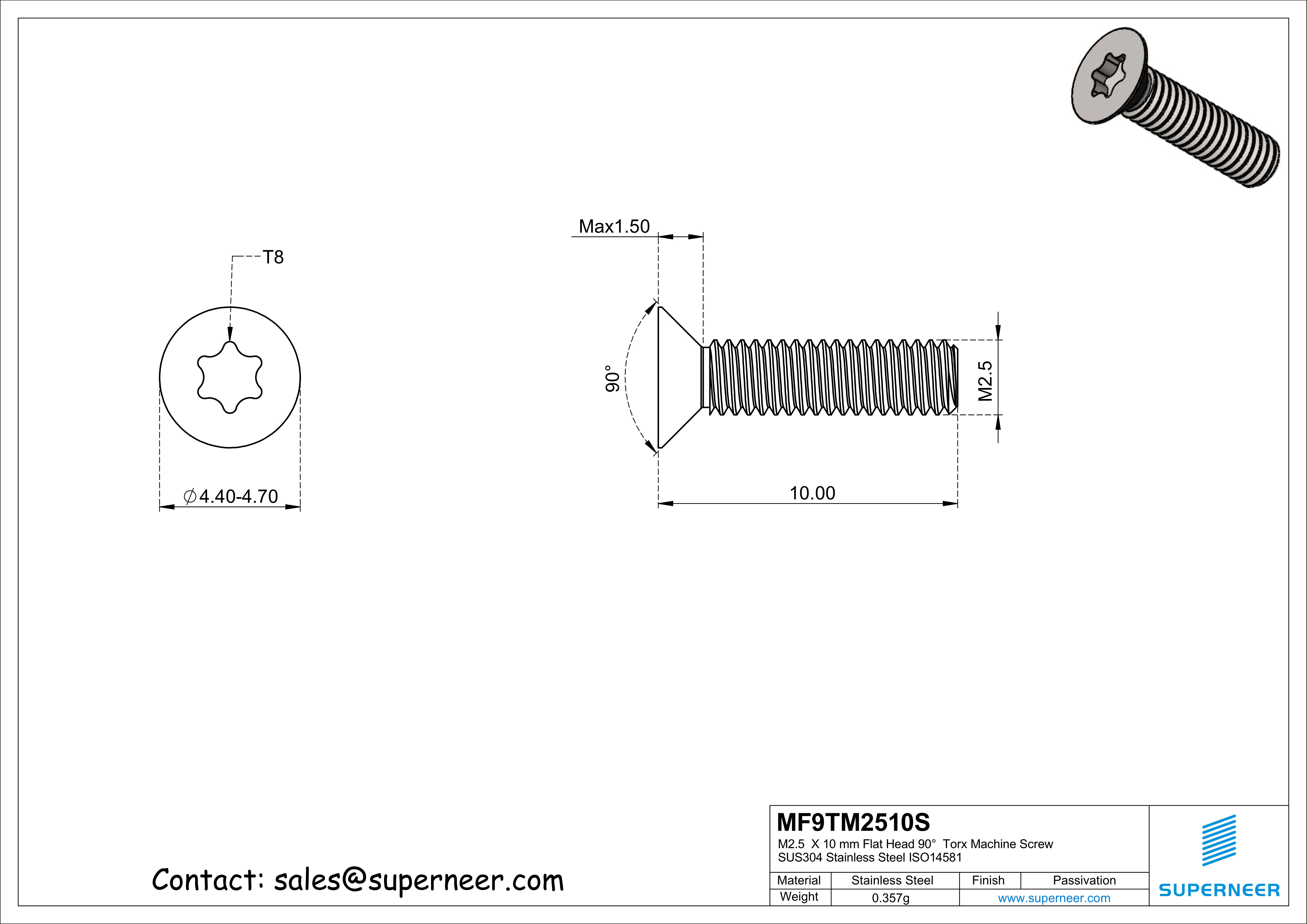 M2.5  x 10 mm Flat Head 90°  Torx Machine Screw SUS304 Stainless Steel Inox ISO14581