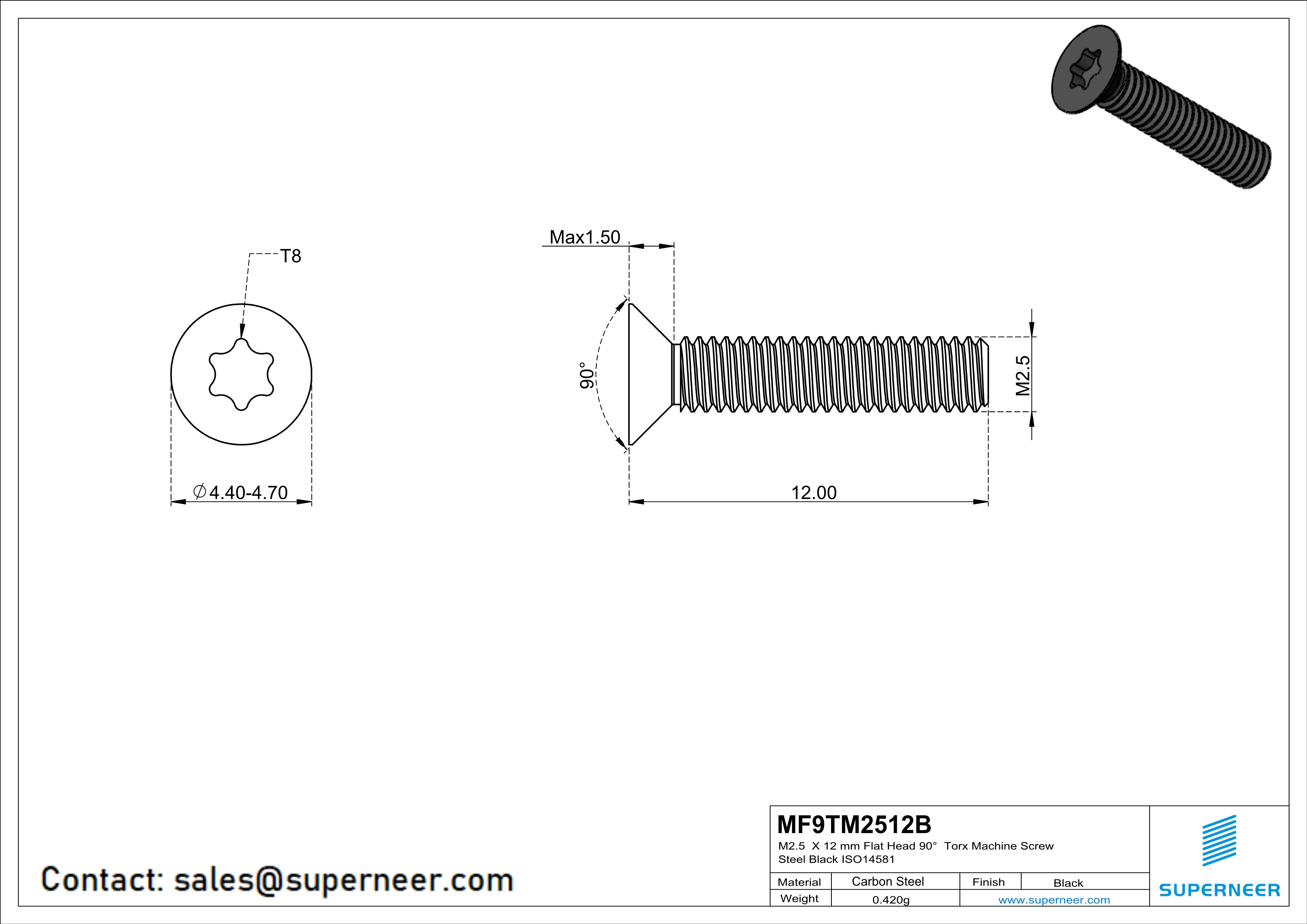 M2.5 x 12 mm Flat Head 90° Torx Machine Screw Steel Black ISO14581