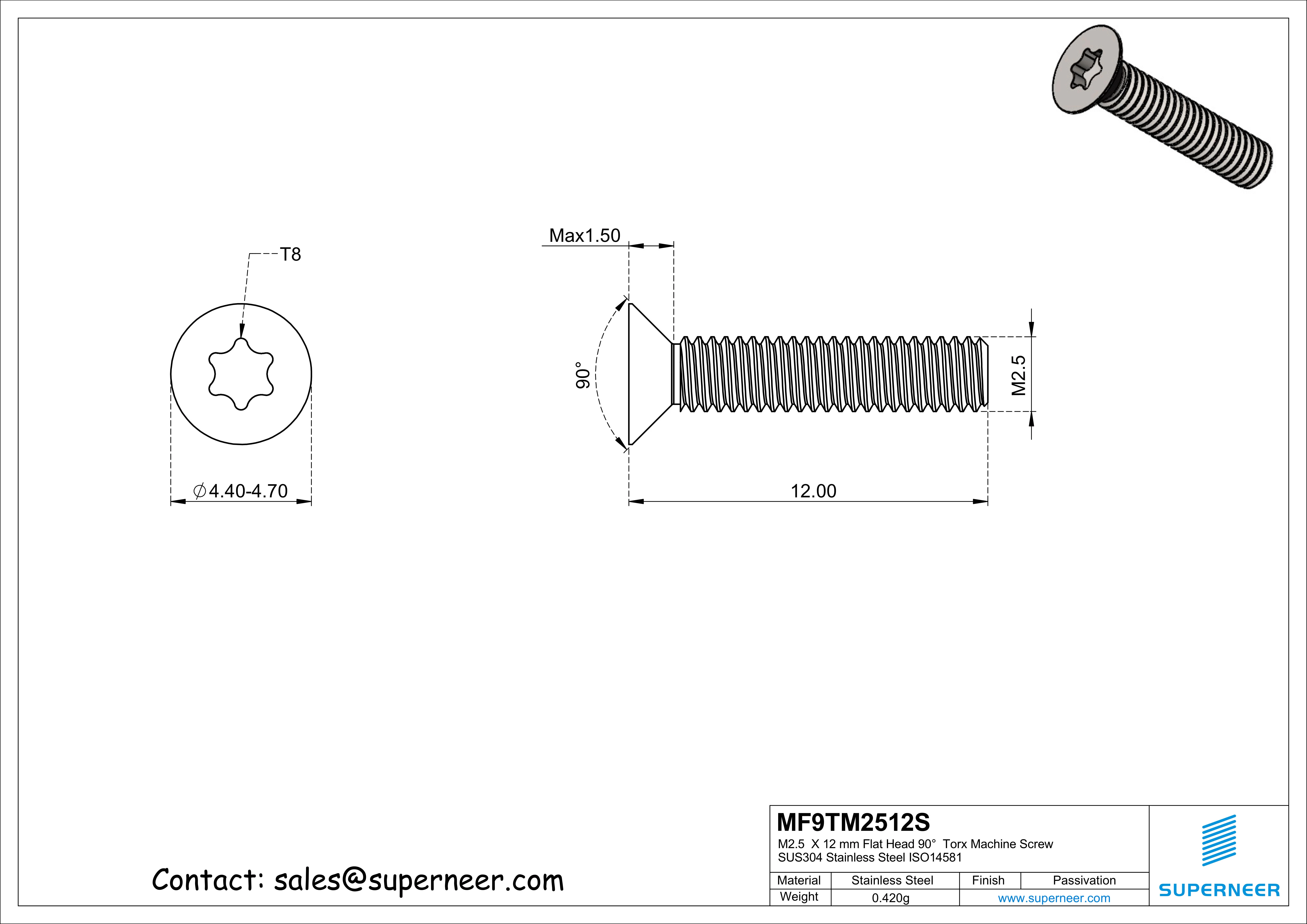 M2.5  x 12 mm Flat Head 90°  Torx Machine Screw SUS304 Stainless Steel Inox ISO14581