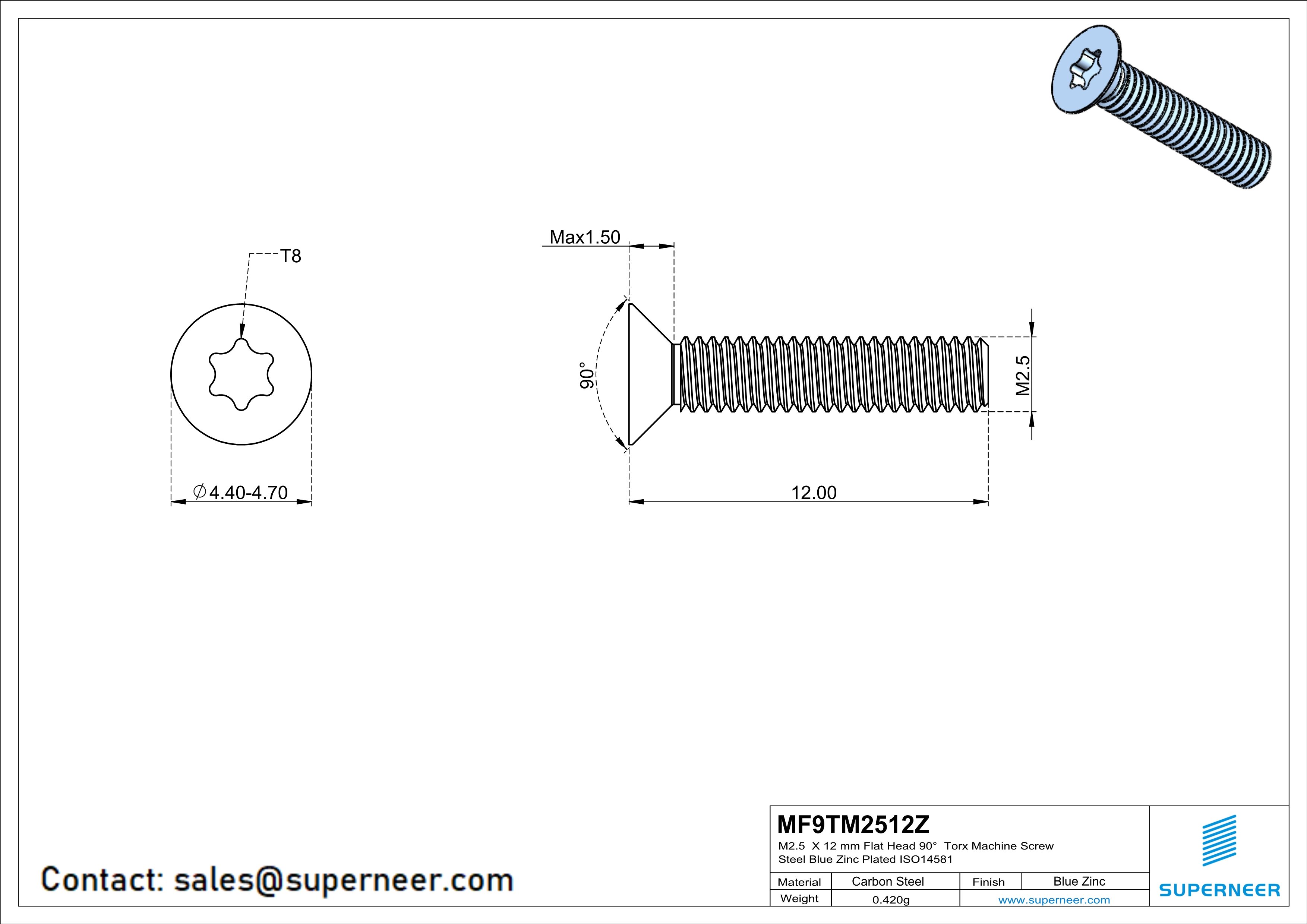 M2.5 x 12 mm Flat Head 90° Torx Machine Screw Steel Blue Zinc Plated ISO14581