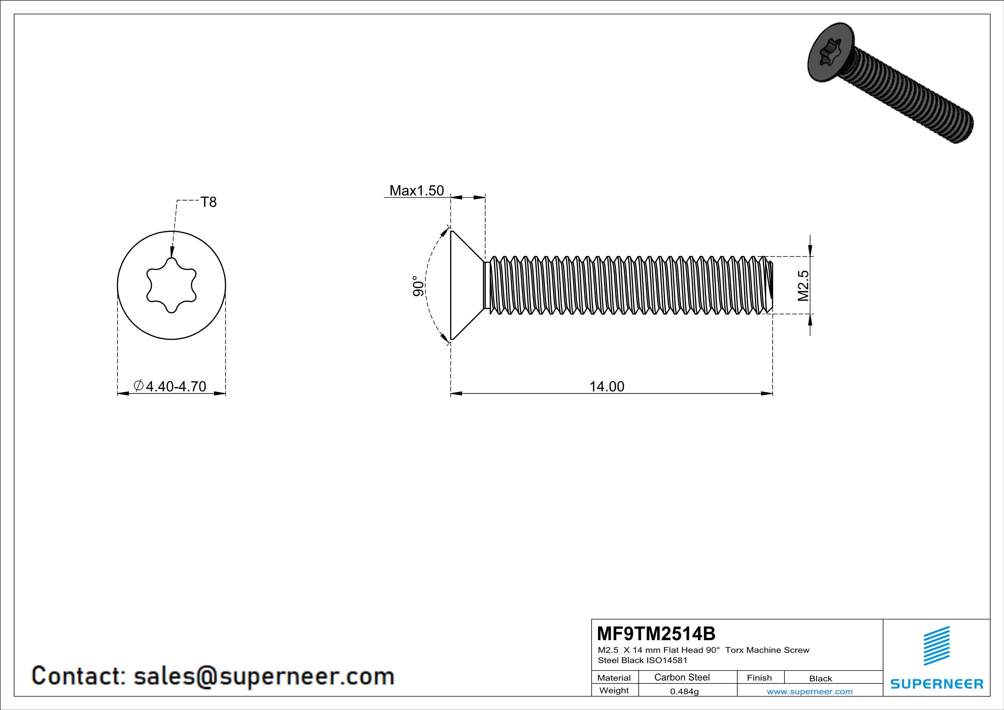 M2.5 x 14 mm Flat Head 90° Torx Machine Screw Steel Black ISO14581