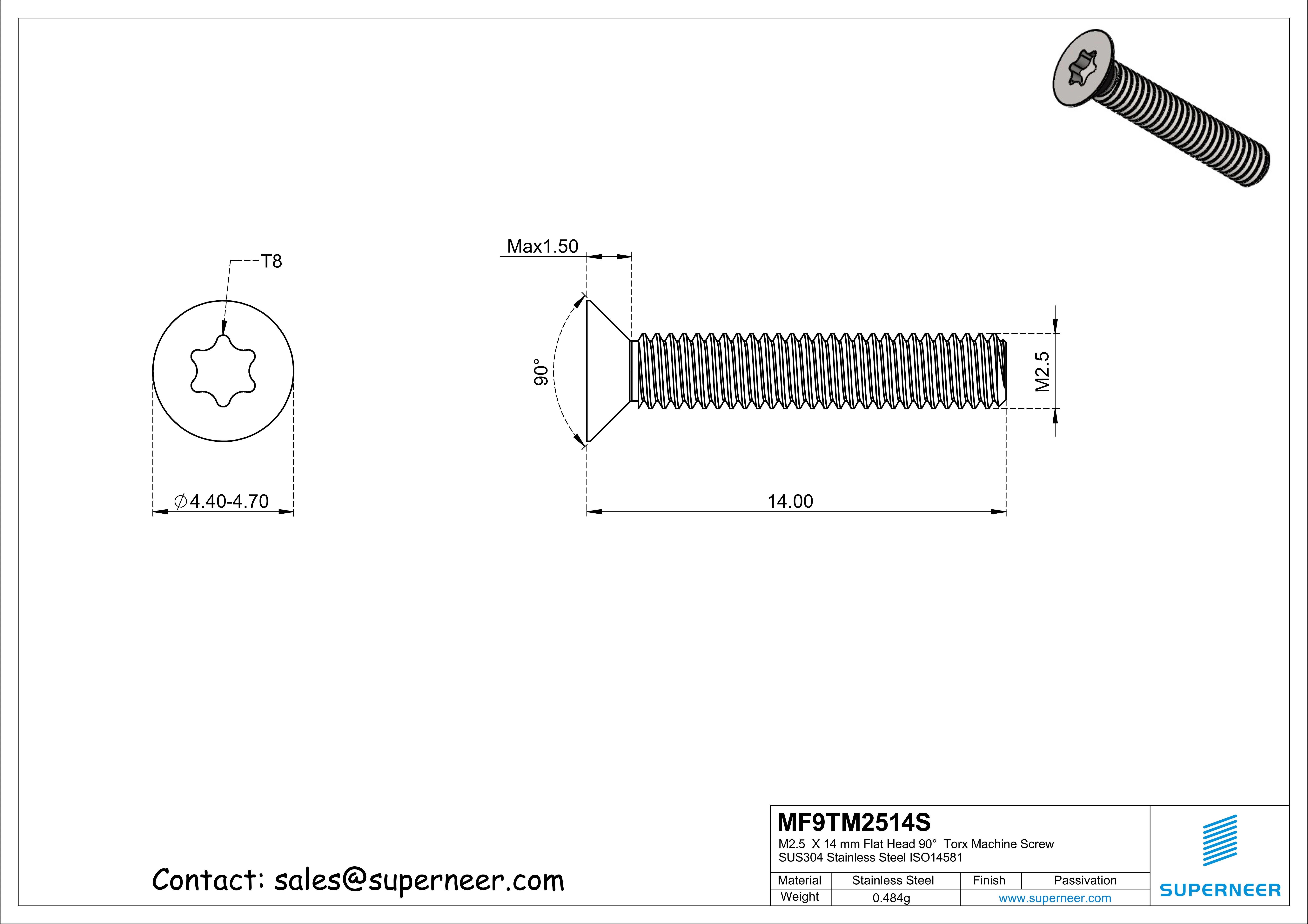 M2.5  x 14 mm Flat Head 90°  Torx Machine Screw SUS304 Stainless Steel Inox ISO14581