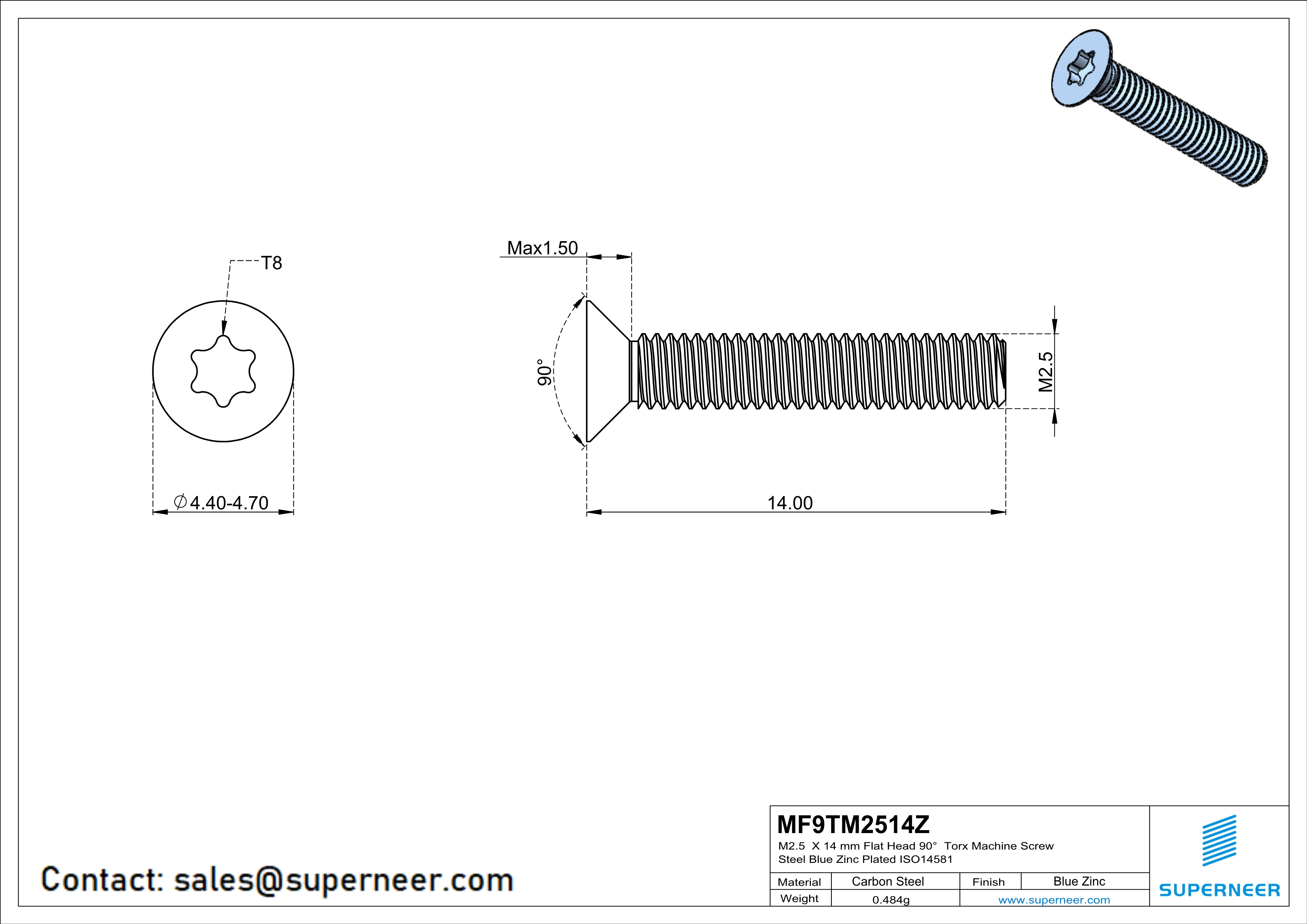 M2.5 x 14 mm Flat Head 90° Torx Machine Screw Steel Blue Zinc Plated ISO14581