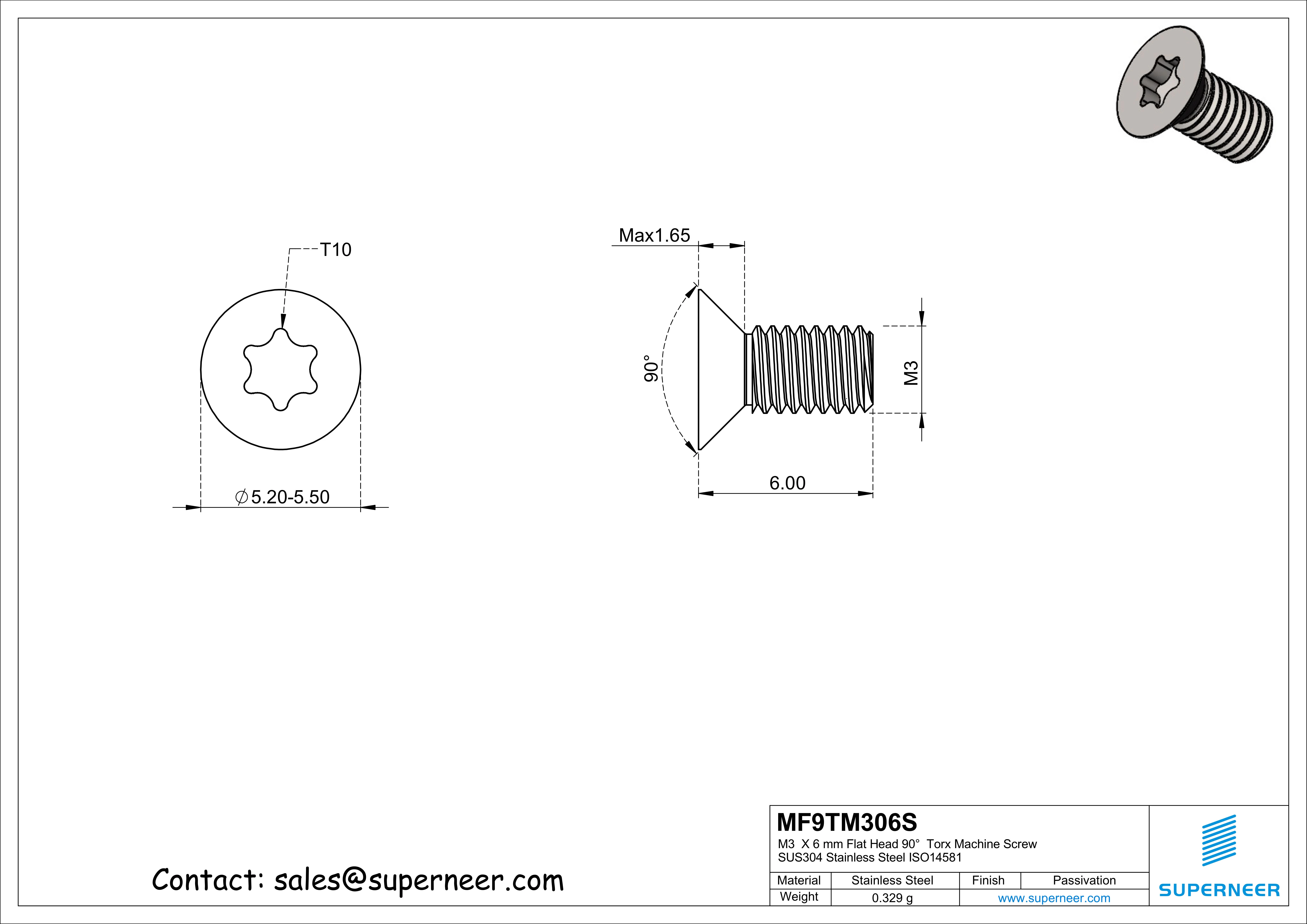 M3  x 6 mm Flat Head 90°  Torx Machine Screw SUS304 Stainless Steel Inox ISO14581