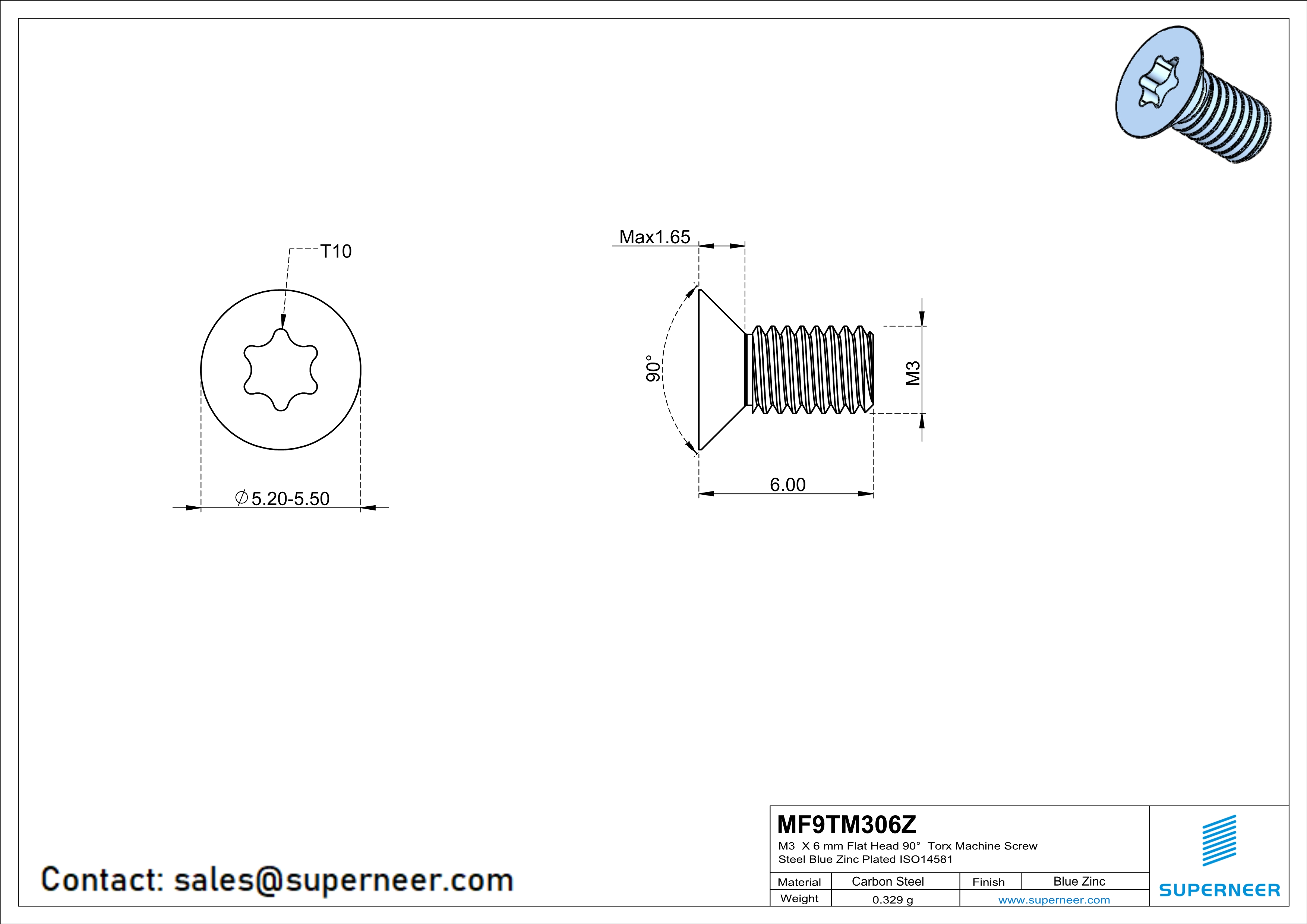 M3 x 6 mm Flat Head 90° Torx Machine Screw Steel Blue Zinc Plated ISO14581