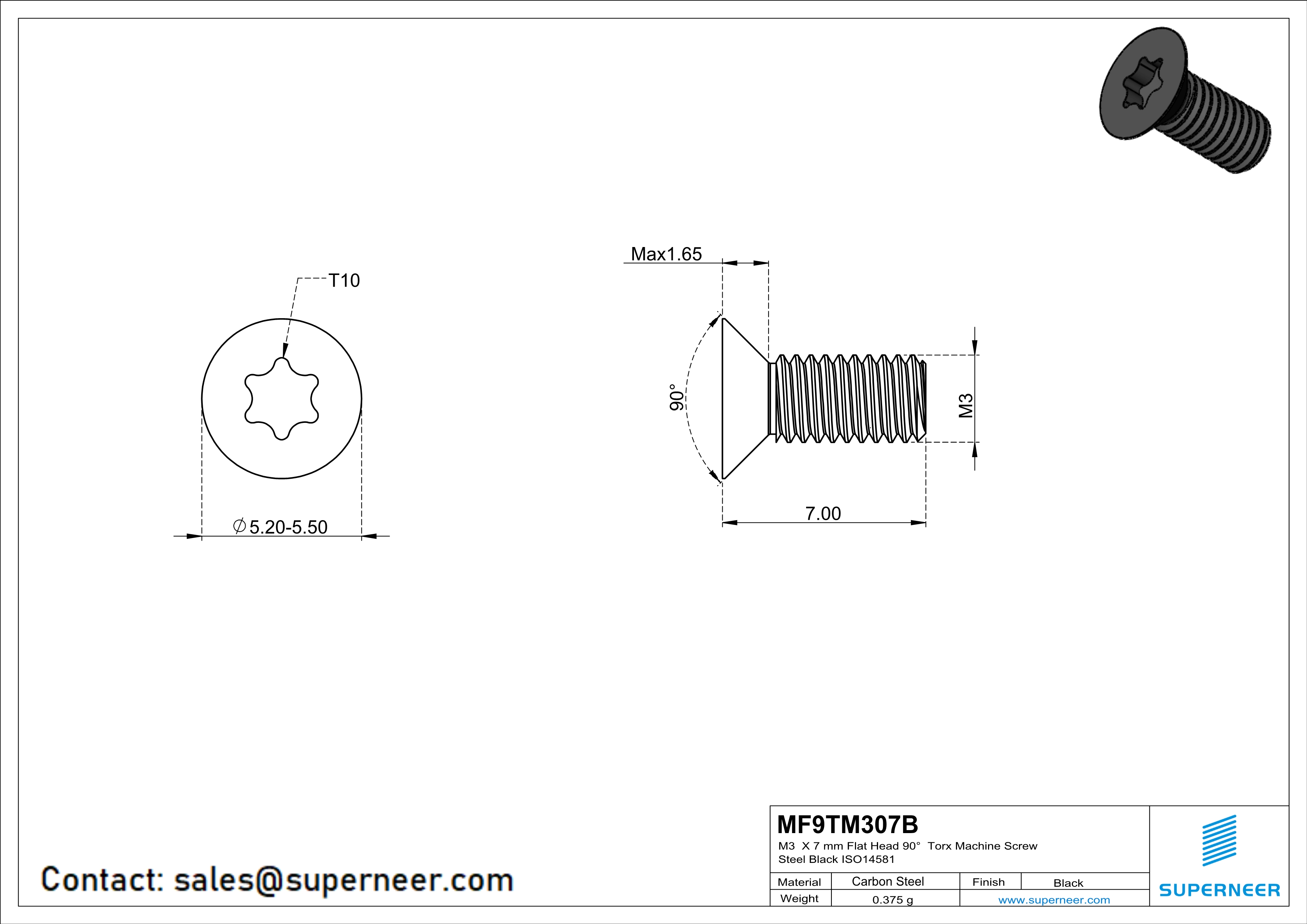 M3 x 7 mm Flat Head 90° Torx Machine Screw Steel Black ISO14581