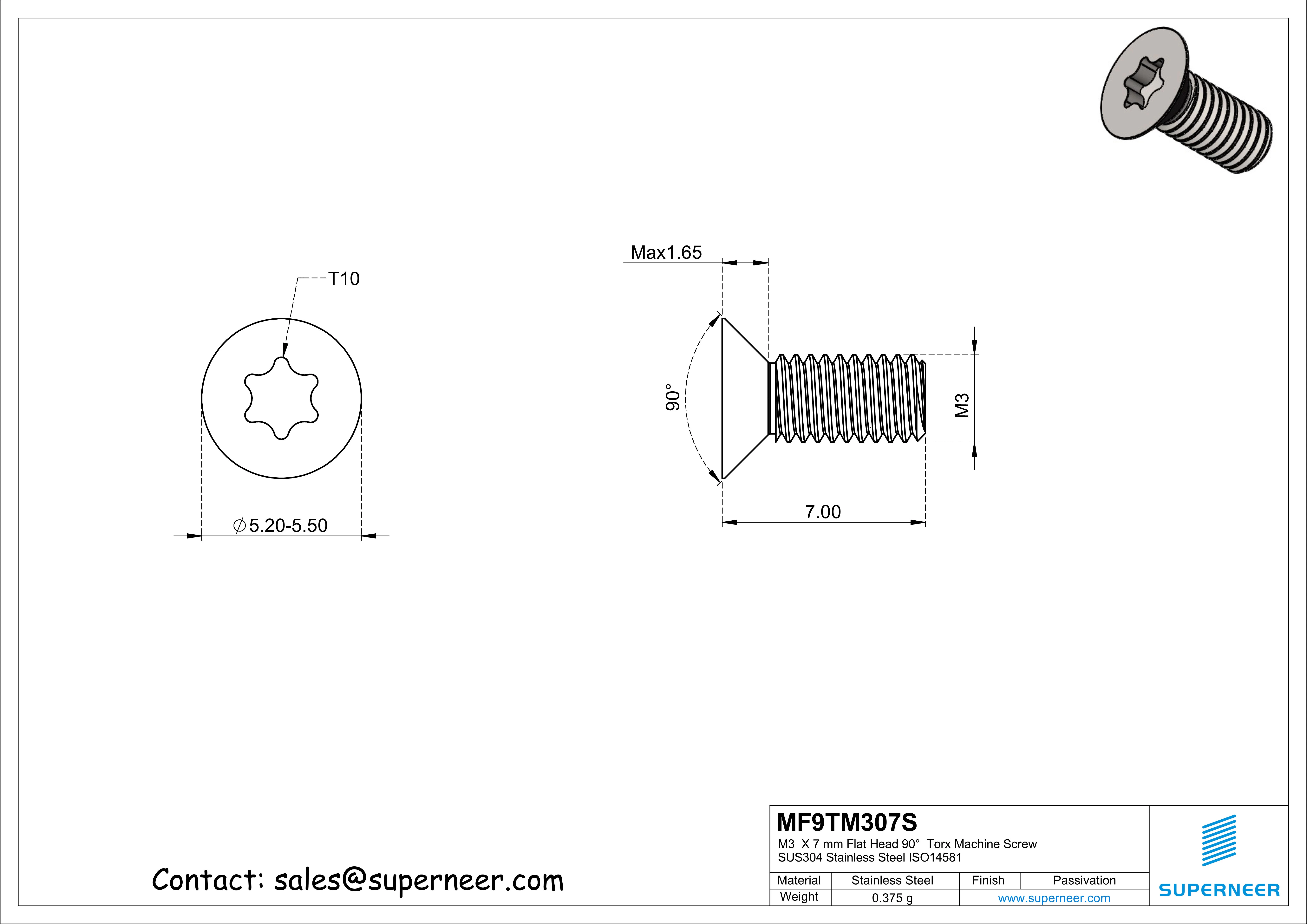 M3  x 7 mm Flat Head 90°  Torx Machine Screw SUS304 Stainless Steel Inox ISO14581