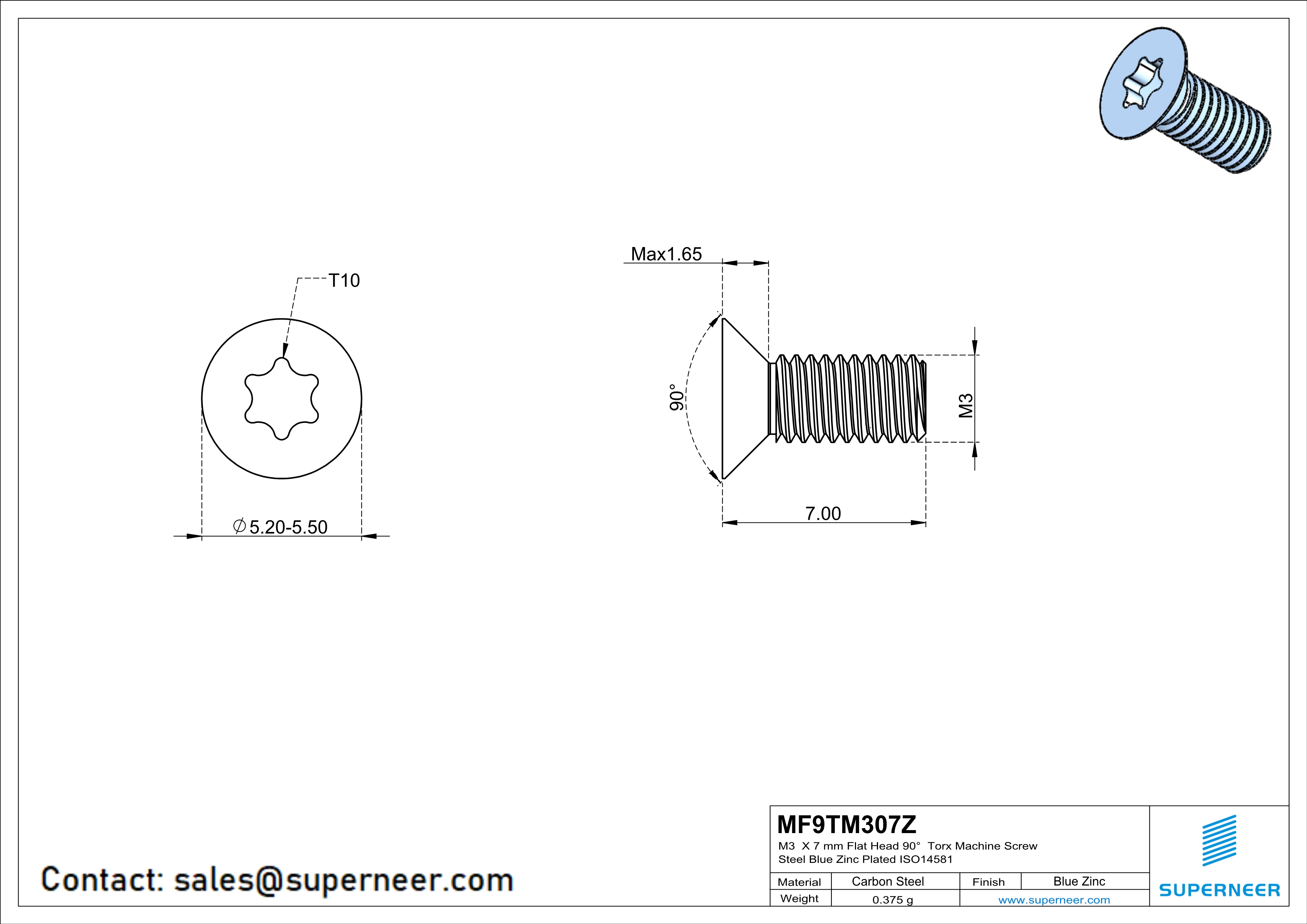 M3 x 7 mm Flat Head 90° Torx Machine Screw Steel Blue Zinc Plated ISO14581