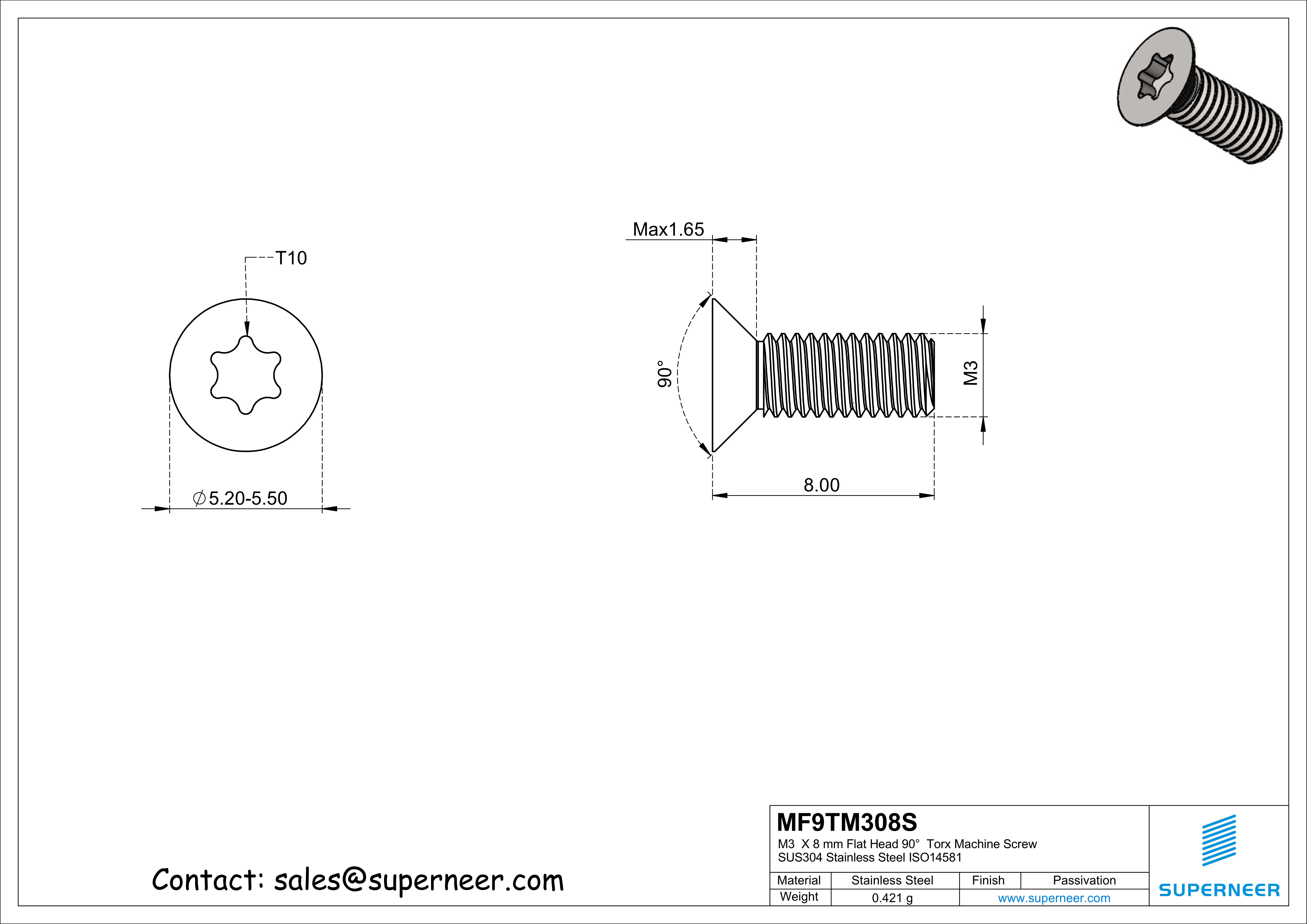 M3  x 8 mm Flat Head 90°  Torx Machine Screw SUS304 Stainless Steel Inox ISO14581