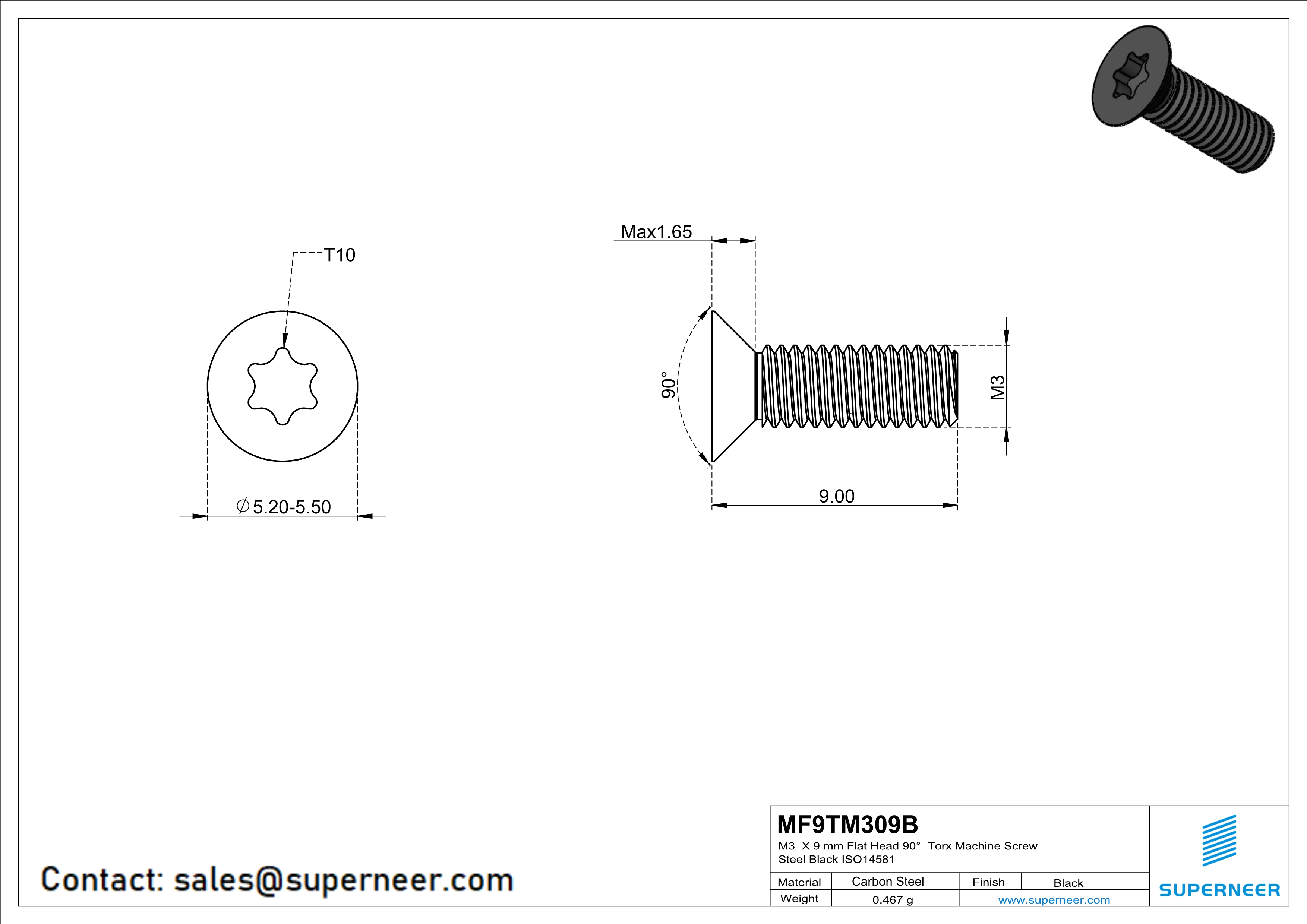 M3 x 9 mm Flat Head 90° Torx Machine Screw Steel Black ISO14581