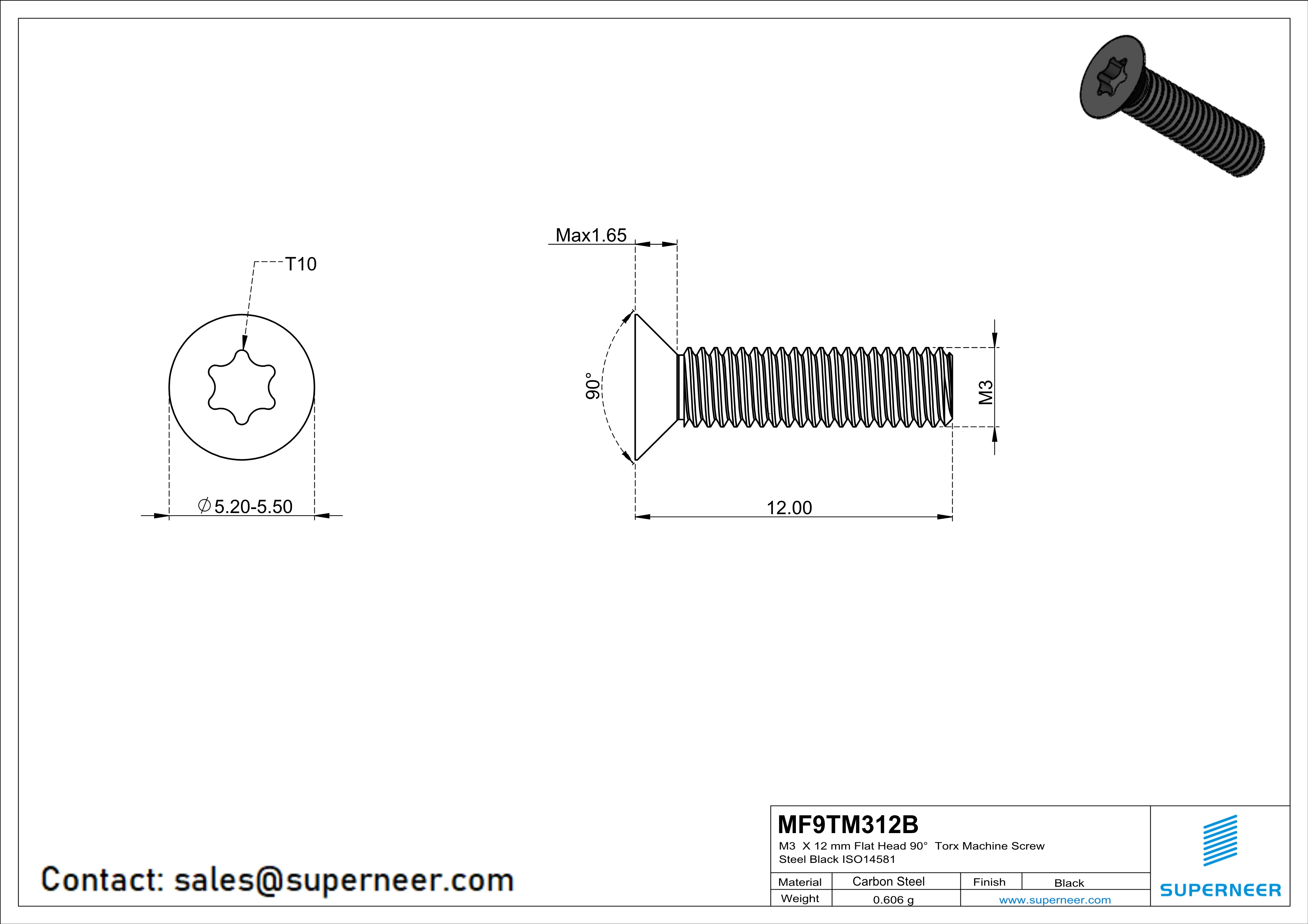 M3 x 12 mm Flat Head 90° Torx Machine Screw Steel Black ISO14581