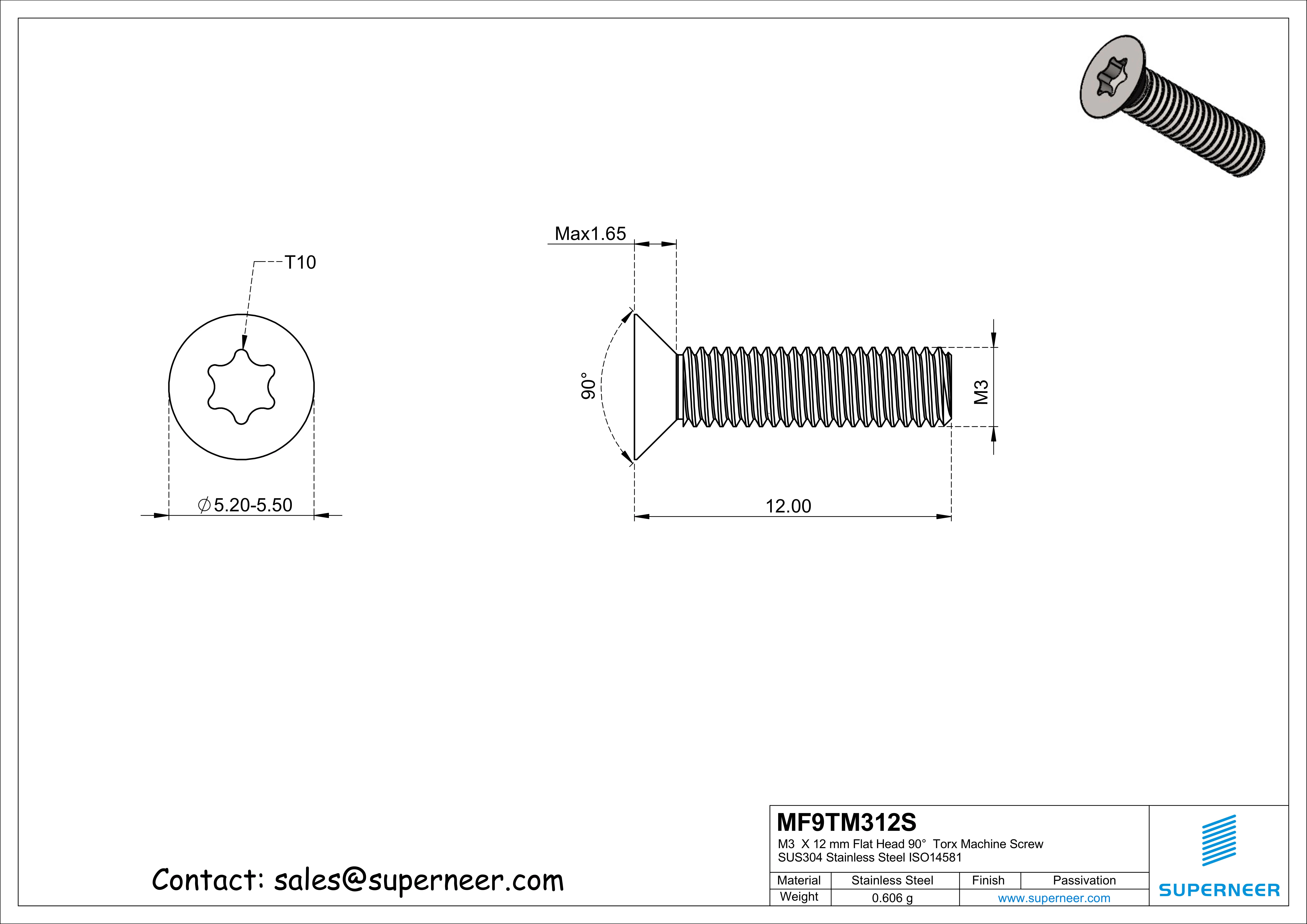 M3  x 12 mm Flat Head 90°  Torx Machine Screw SUS304 Stainless Steel Inox ISO14581