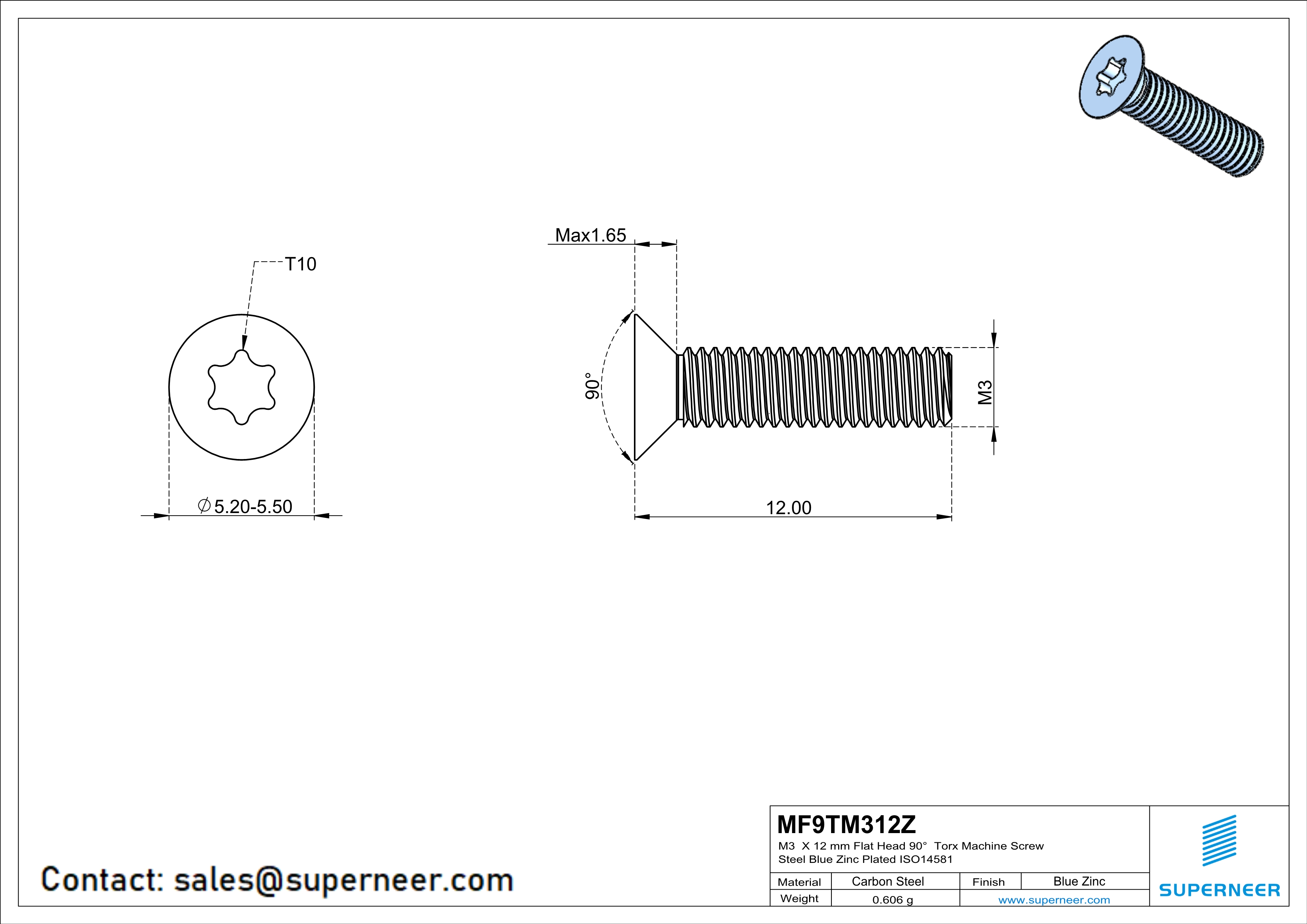 M3 x 12 mm Flat Head 90° Torx Machine Screw Steel Blue Zinc Plated ISO14581