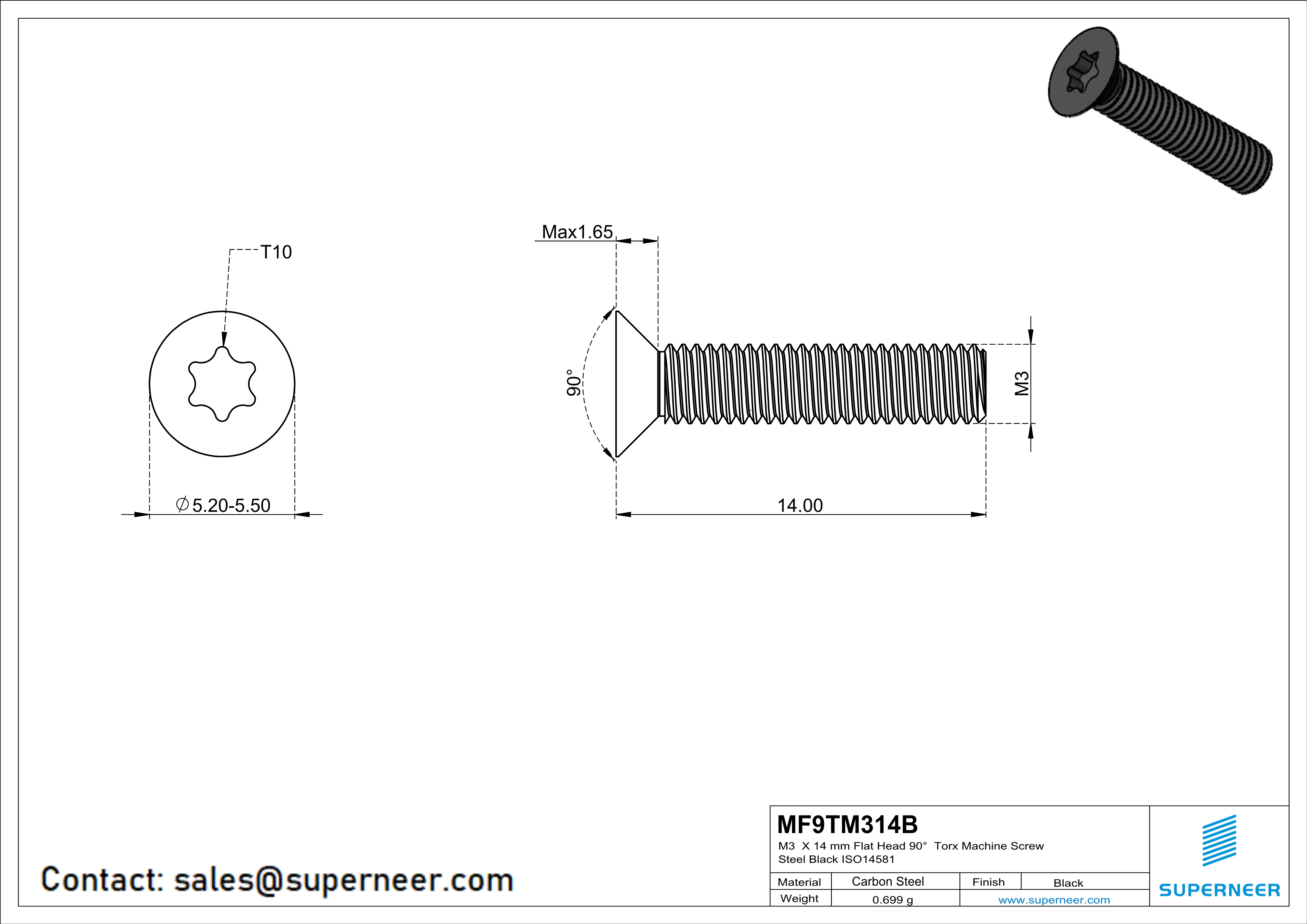 M3 x 14 mm Flat Head 90° Torx Machine Screw Steel Black ISO14581