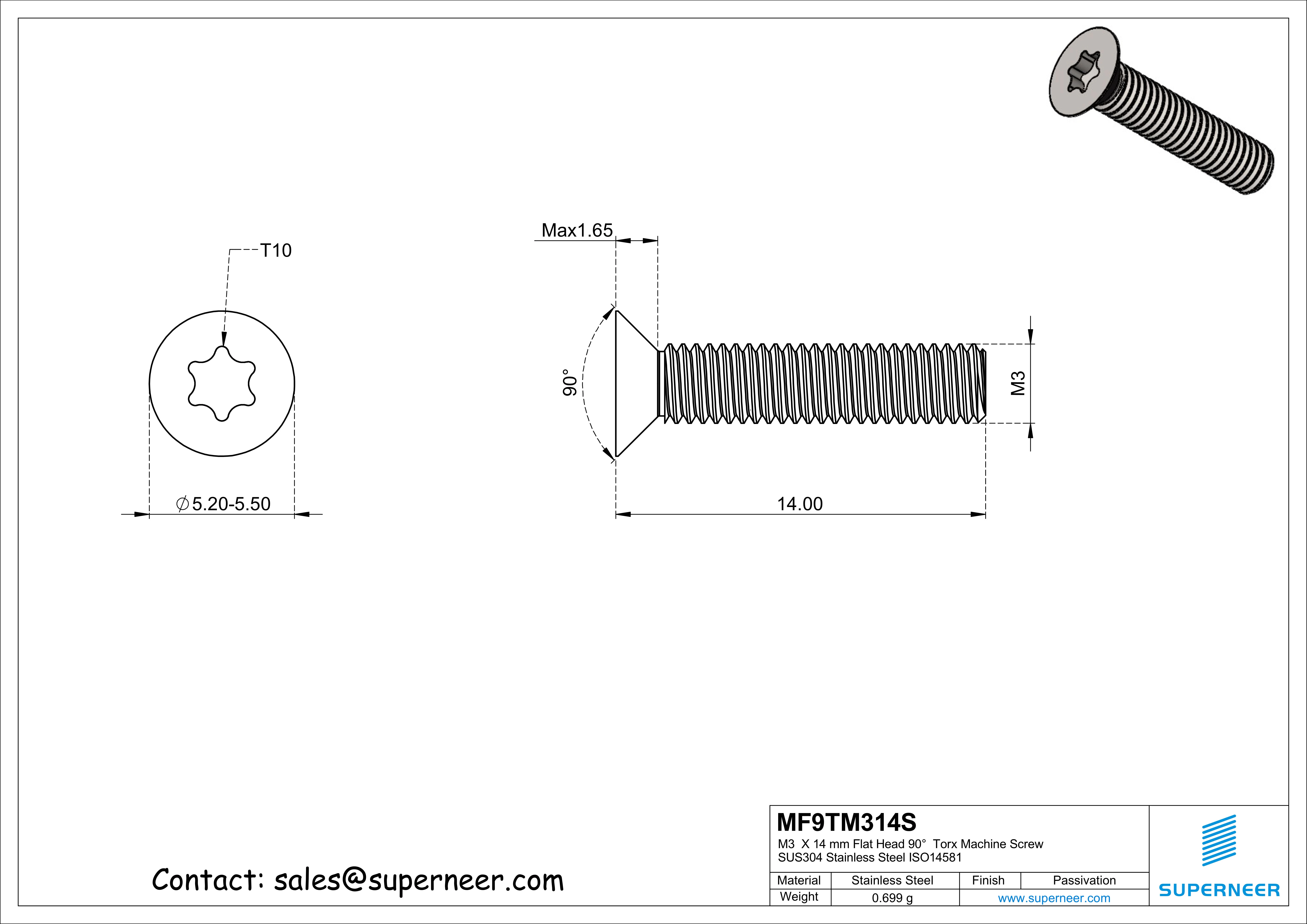 M3  x 14 mm Flat Head 90°  Torx Machine Screw SUS304 Stainless Steel Inox ISO14581