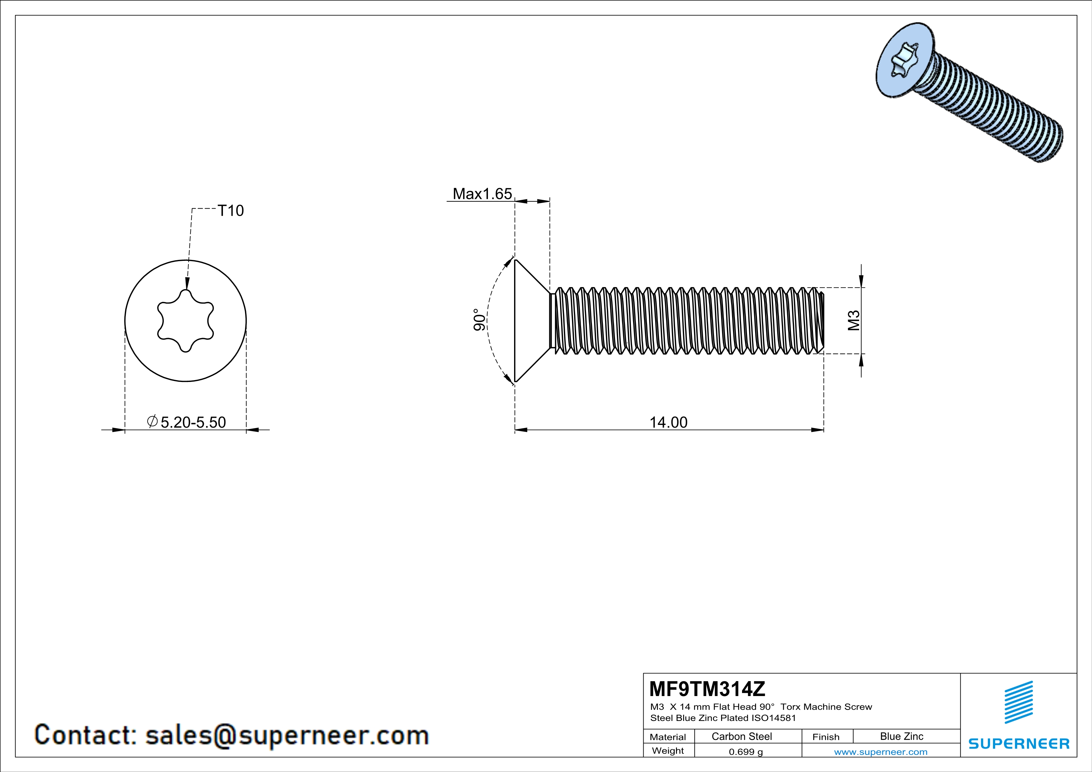 M3 x 14 mm Flat Head 90° Torx Machine Screw Steel Blue Zinc Plated ISO14581