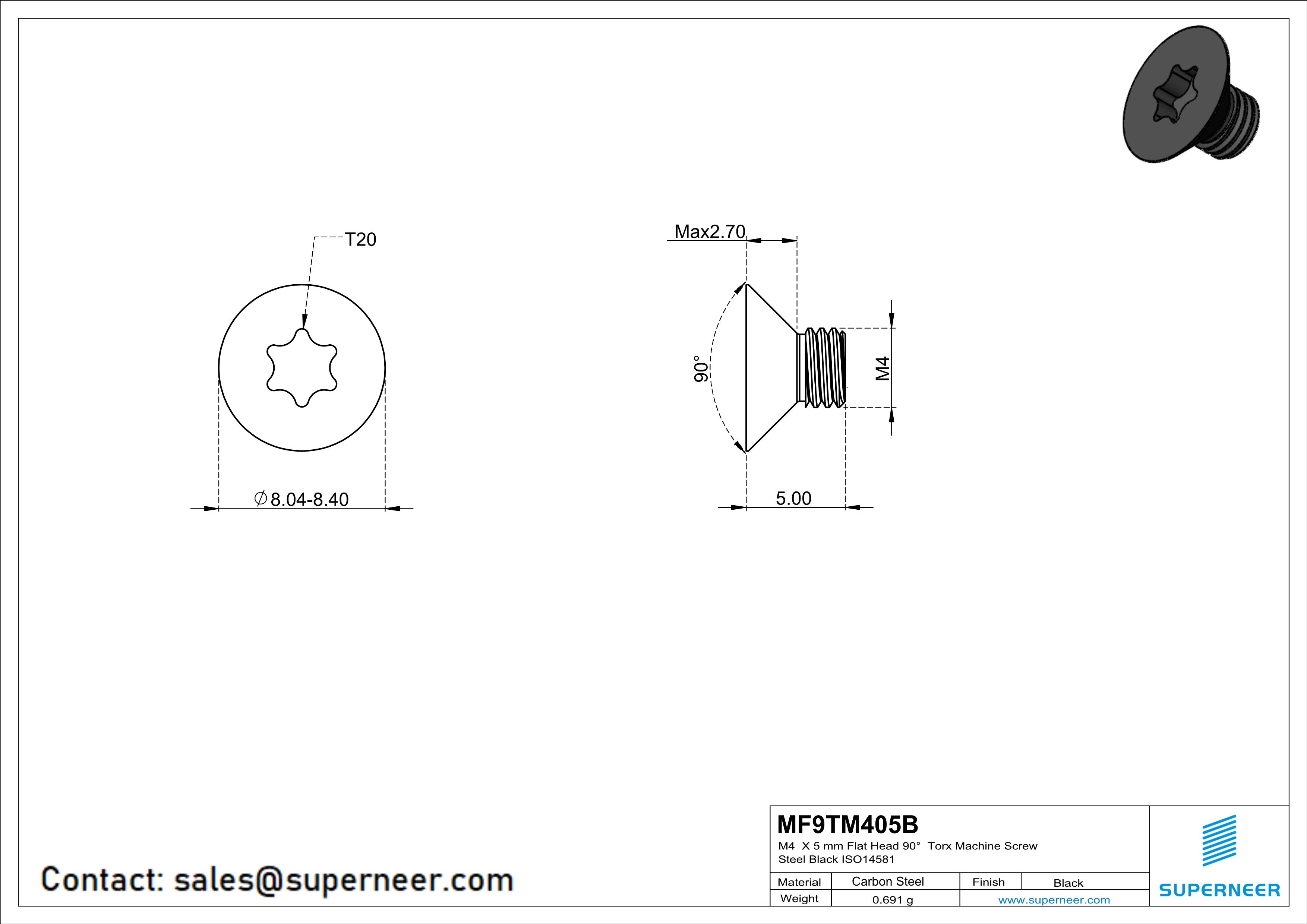 M4 x 5 mm Flat Head 90° Torx Machine Screw Steel Black ISO14581