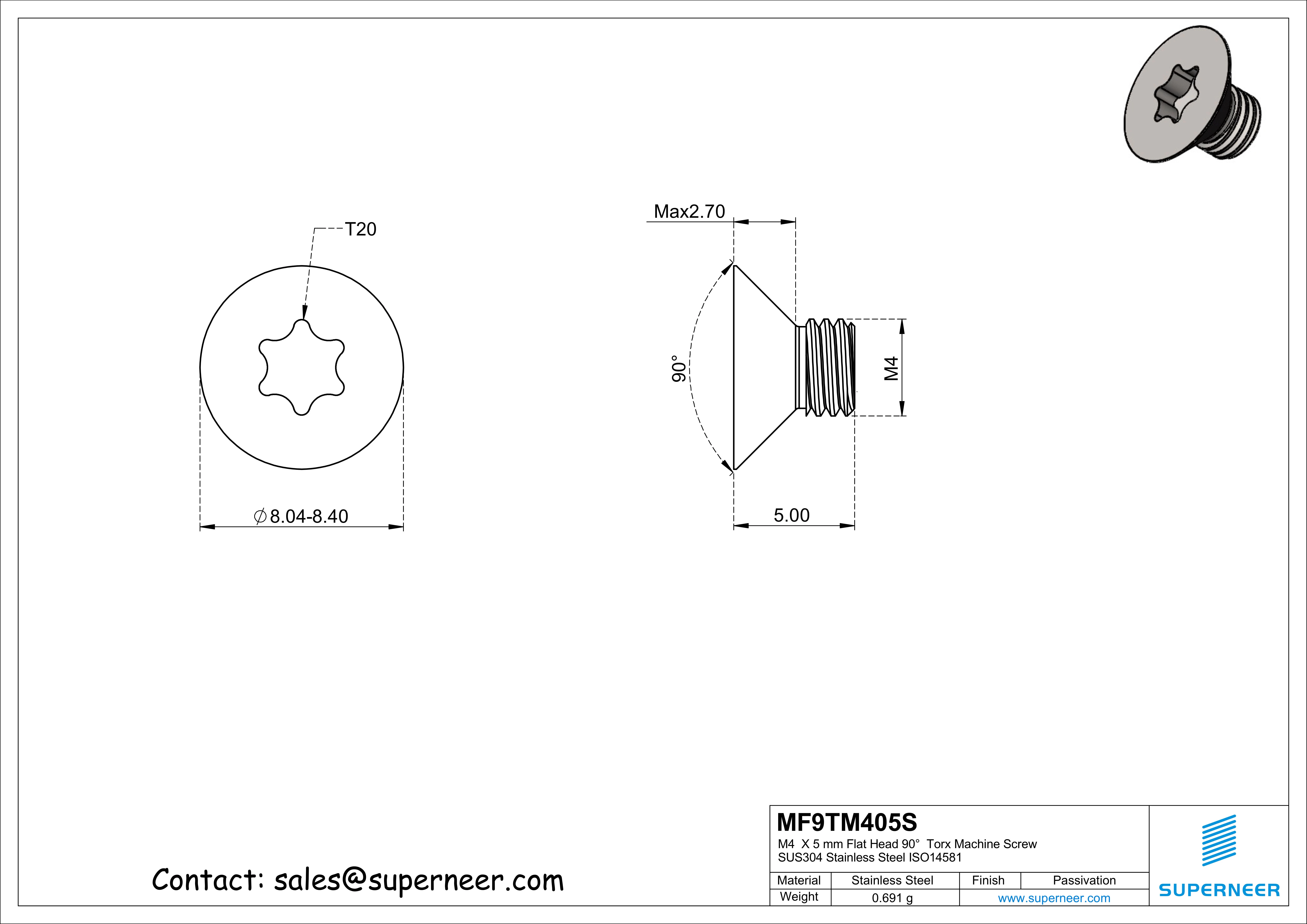 M4  x 5 mm Flat Head 90°  Torx Machine Screw SUS304 Stainless Steel Inox ISO14581