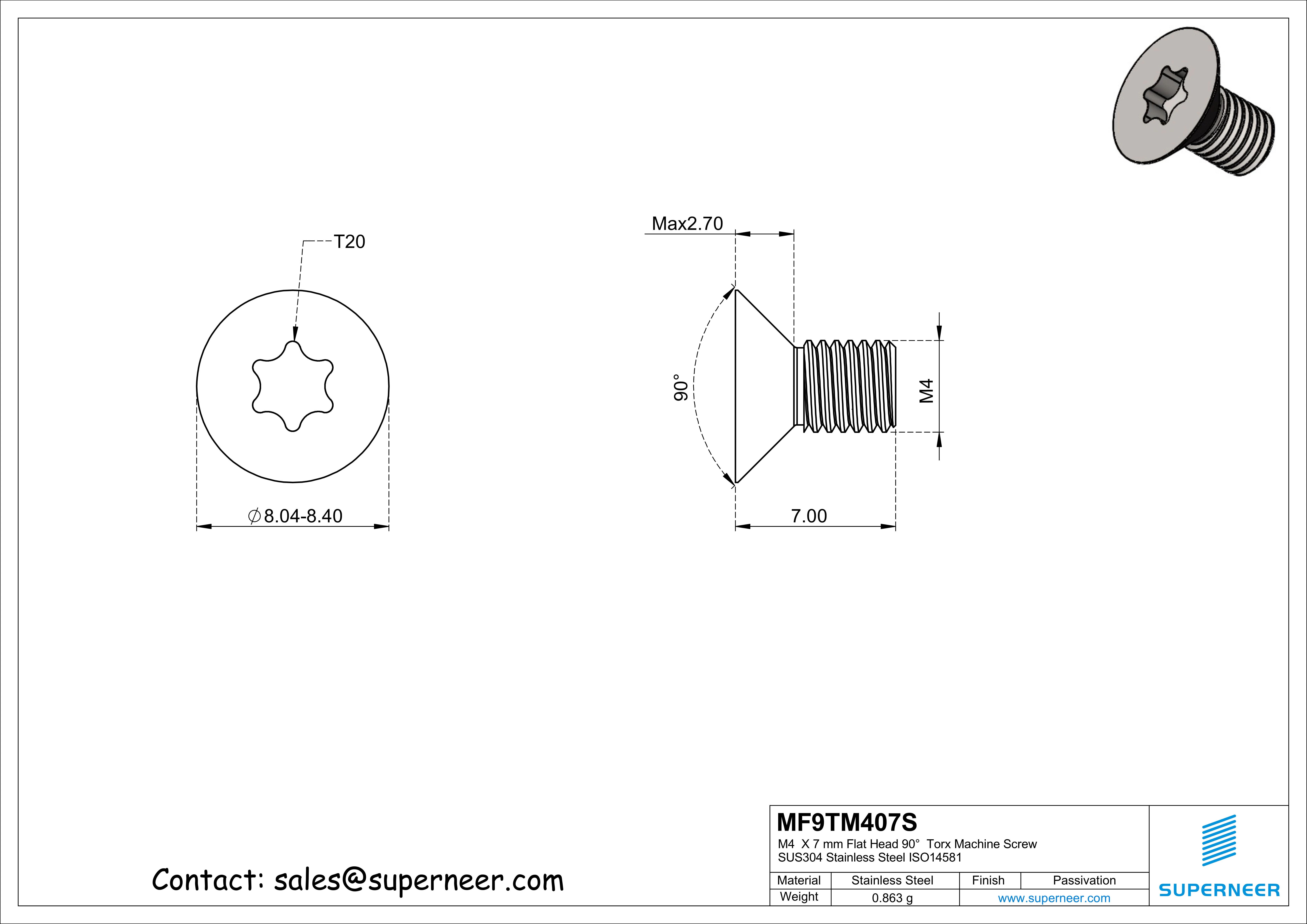 M4  x 7 mm Flat Head 90°  Torx Machine Screw SUS304 Stainless Steel Inox ISO14581